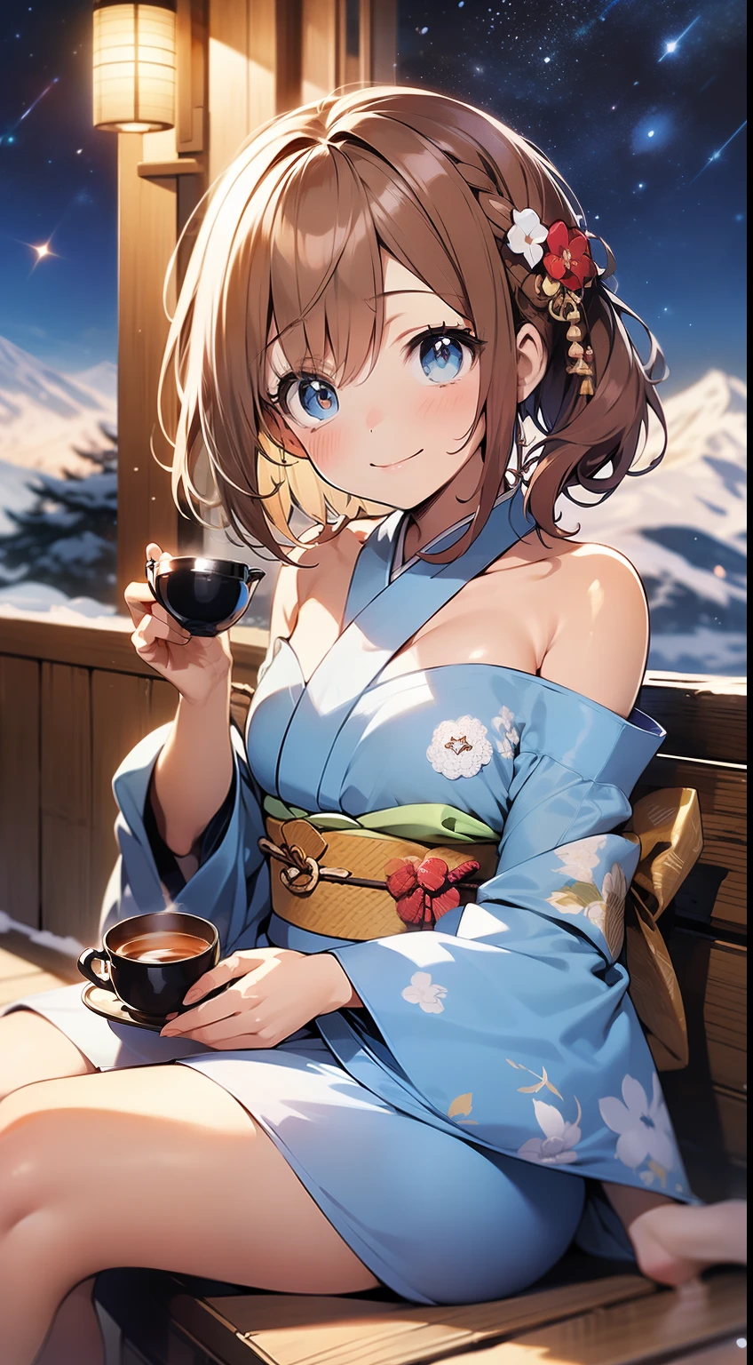 See the whole body,High quality contour light,reddish brown hair,Short Liuhai,blue eyes, beautiful eyelashes, blush:1.2, Japanese anime style,Low-cut gorgeous kimono,bare shoulders,Smile,side sitting position,At the deserted mountain viewing platform,Make tea with a teapot,Night moon starry sky snowing