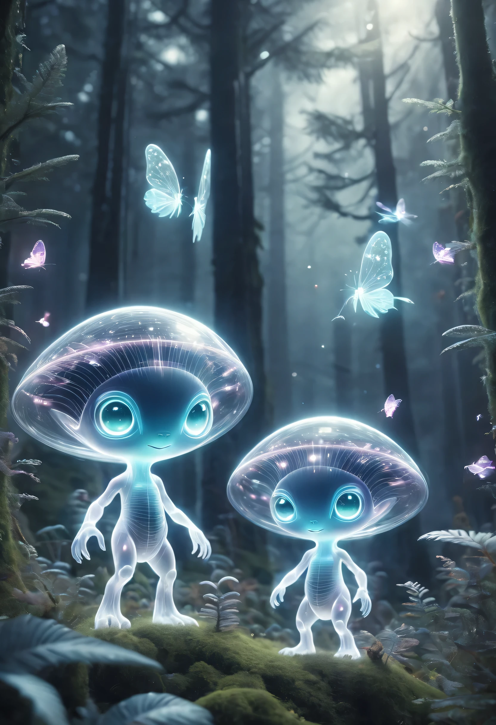 Cute creatures in the alien forest，super strong radio waves，lightwave，glow，transparent，