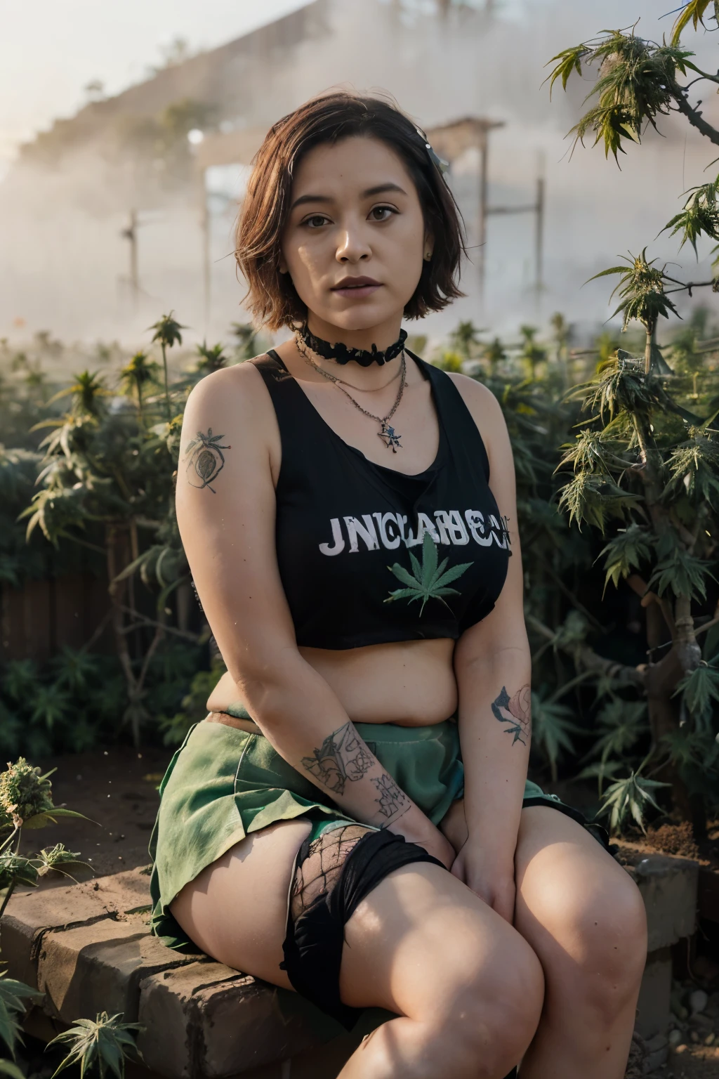 ((joyful ((chubby short ((Nicaraguan)) pastel goth girl with short messy hair and hairy legs)) sitting in middle of garden while peacefully observing the sunrise, (wearing cropped tattered punk T-shirt and pleated skirt with fishnet stockings), (wearing diamond choker necklace), (cannabis flower tattoos on arms and legs), plump legs spread apart, high quality photo, sitting quietly (with many cannabis sativa plants and juniper shrubs in garden during foggy sunrise)