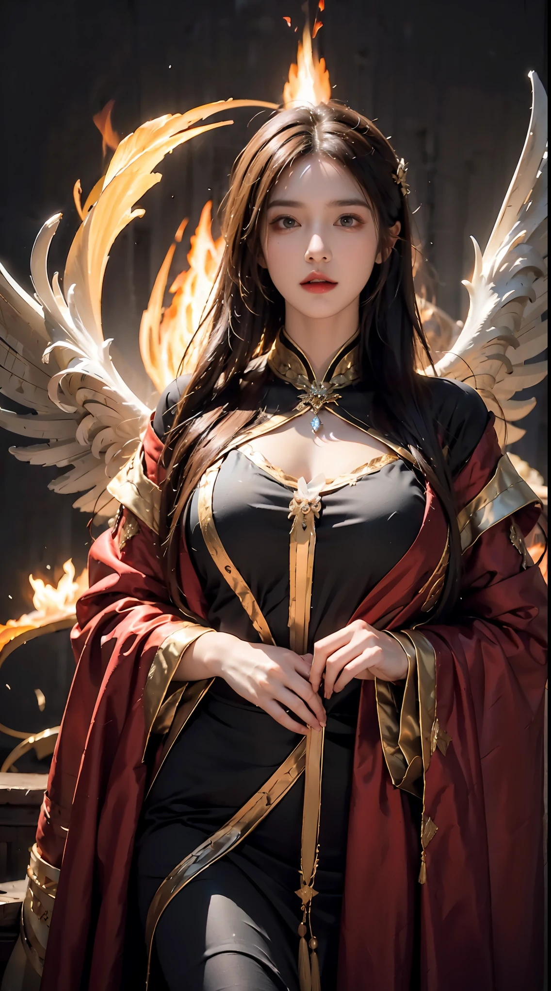 masterpiece, rest, best quality, Very detailed, Super real, 16K, high resolution, castle，snow, ((Starry Sky)),Female Mage，Gorgeous robe，Complex Mode，Pretty Face，Closed mouth，dramatic，Upper Body，Glowing scepter，Black Wings，Large Breasts