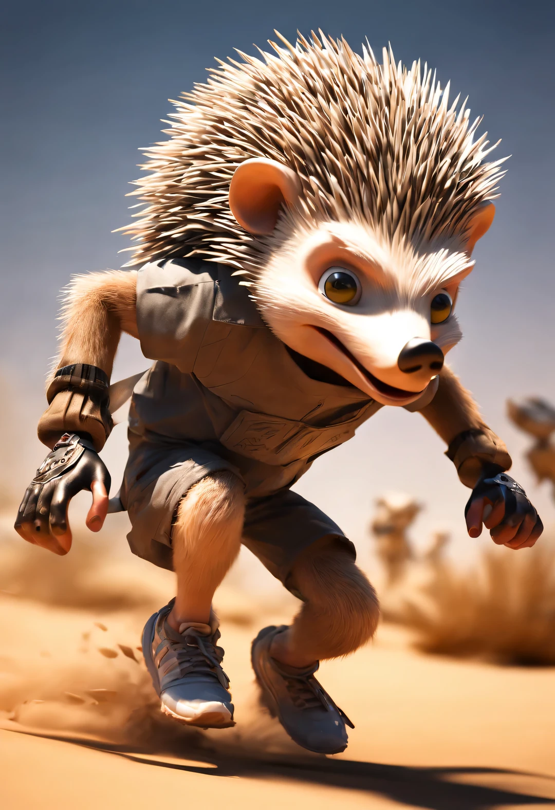 light field photography style,，Graffiti art style, Beautiful detailed ，Hedgehog puppet runs marathon in desert, with running action, dynamic action, and rampage