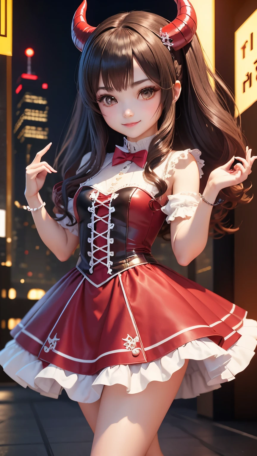 highest quality, masterpiece,  1 girl, smile, chibi girl、3D rendering、Devil Cosplay、night、skyscraper