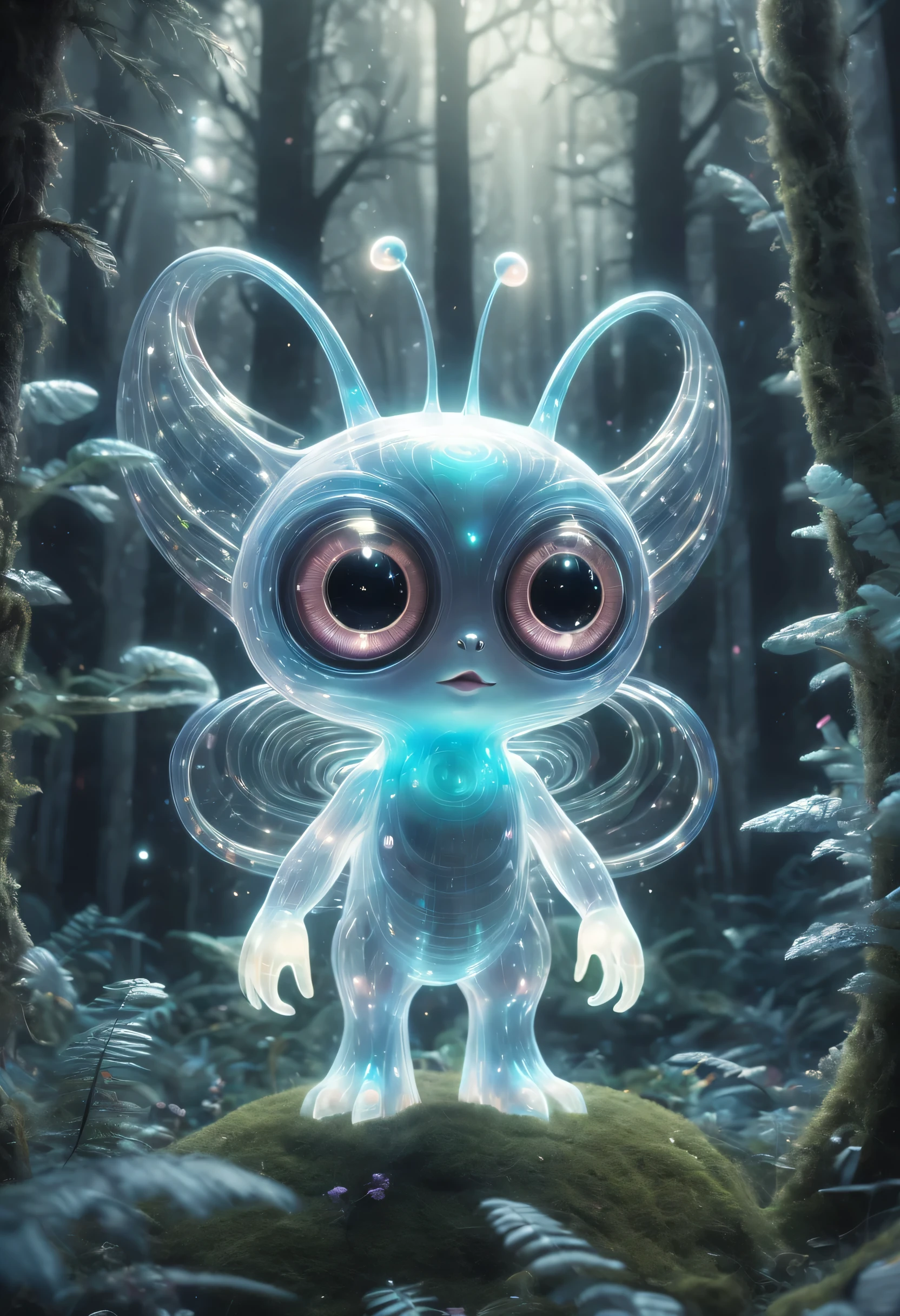 Cute creatures in the alien forest，super strong radio waves，lightwave，glow，transparent，big eyes