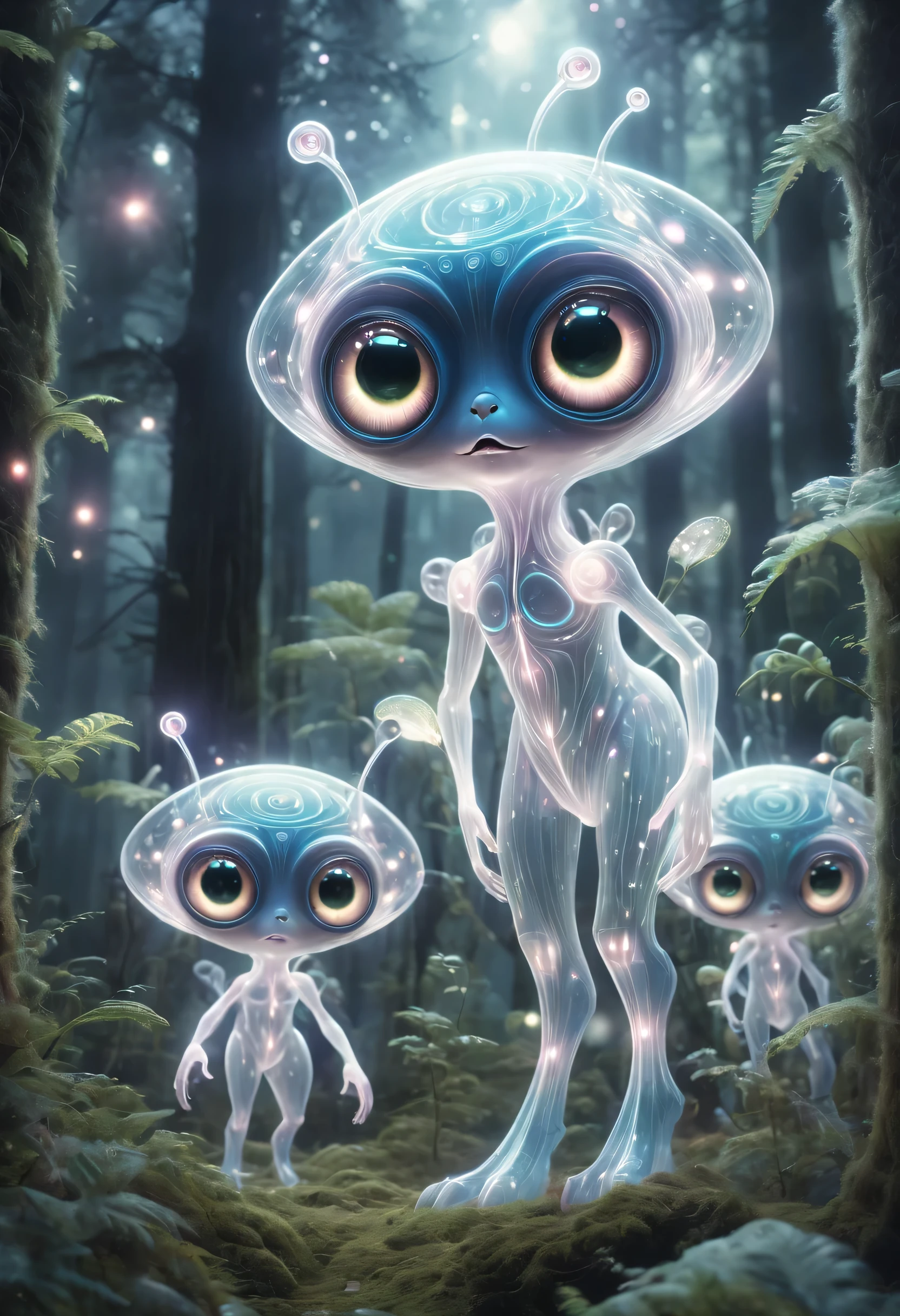 Cute creatures in the alien forest,super strong radio waves,lightwave,glow,transparent,big eyes