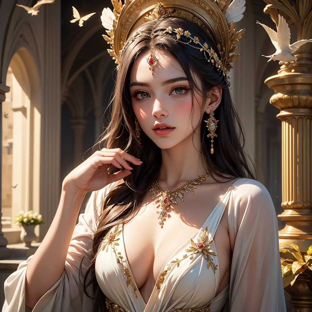 (best quality,4k,8k,highres,masterpiece:1.2),ultra-detailed,(realistic,photorealistic,photo-realistic:1.37),Venus,mythological,beautiful goddess,charming,elegant,graceful,celestial,serene,perfect features,flowing hair,statuesque figure,soft,ethereal,glowing skin,alluring gaze,mesmerizing,romantic surroundings,symbol of love,desire and beauty,radiating love,love's embrace,sparkling eyes,delicate lips,decorative headdress,embellished jewelry,draped in flowing garments,garden of flowers,blooming roses,butterflies,doves,fountain of love,soft sunlight,golden hues,subtle candlelight,sublime beauty,sensual,picturesque,classic painting,elegant colors,divine presence,mythical paradise,whispers of romance,dream-like atmosphere,charming aura,intimate setting.