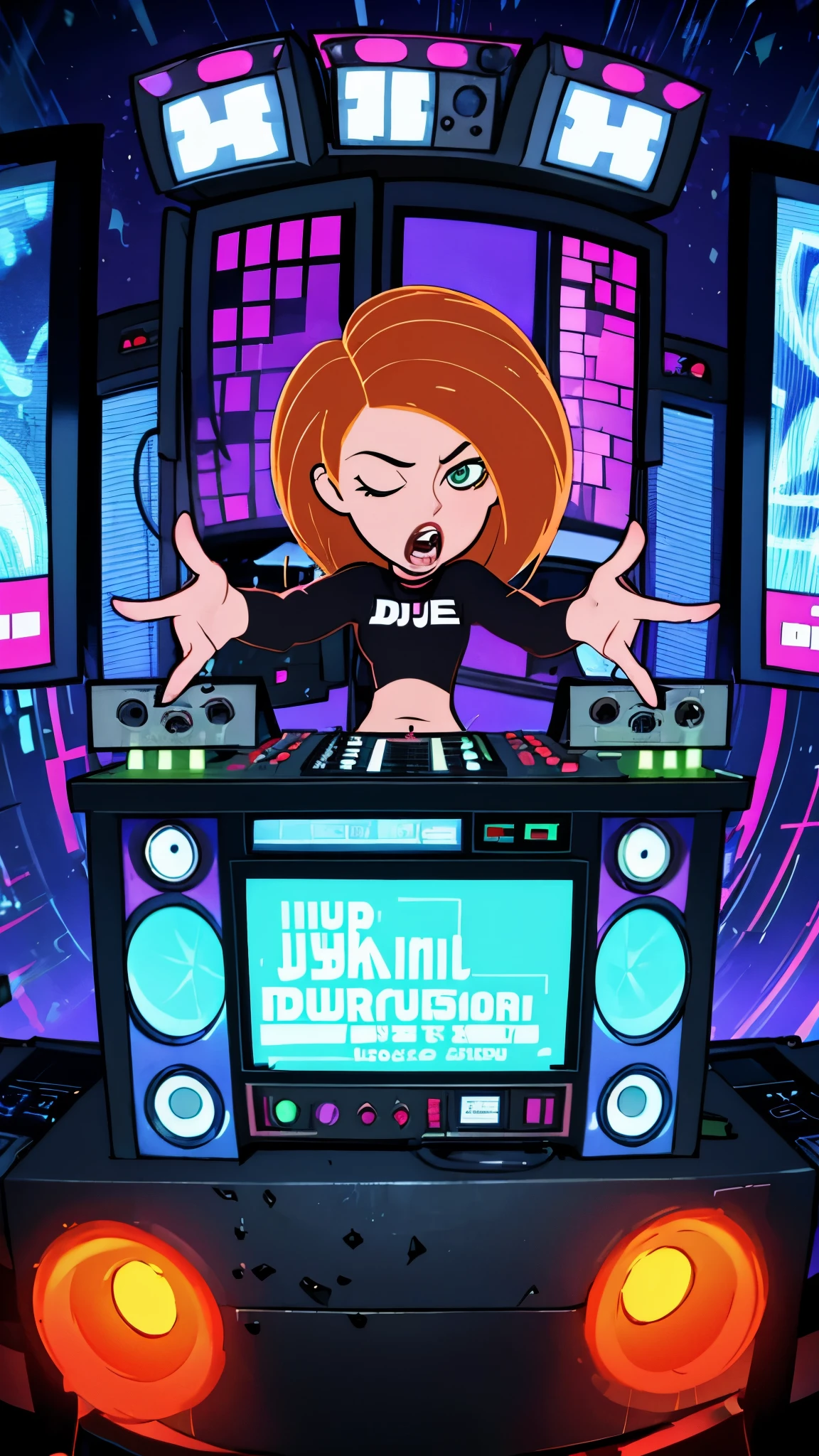 DJ kim possible passionate fullbody solo 1 set dj djing on set of decks hyped up