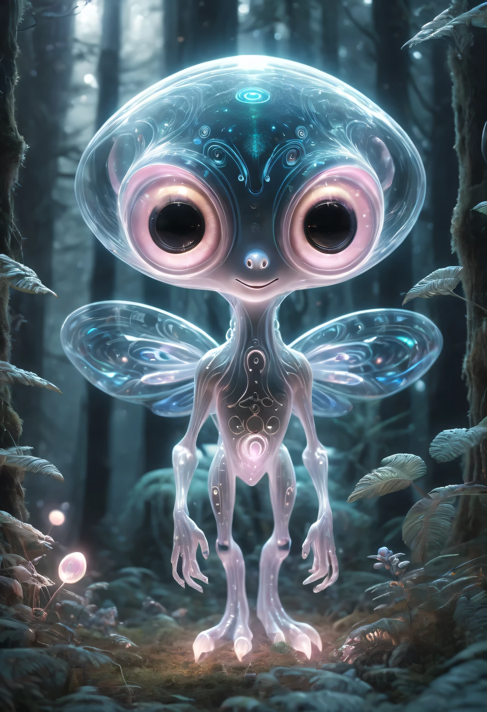 Cute creatures in the alien forest,super strong radio waves,lightwave,glow,transparent,big eyes