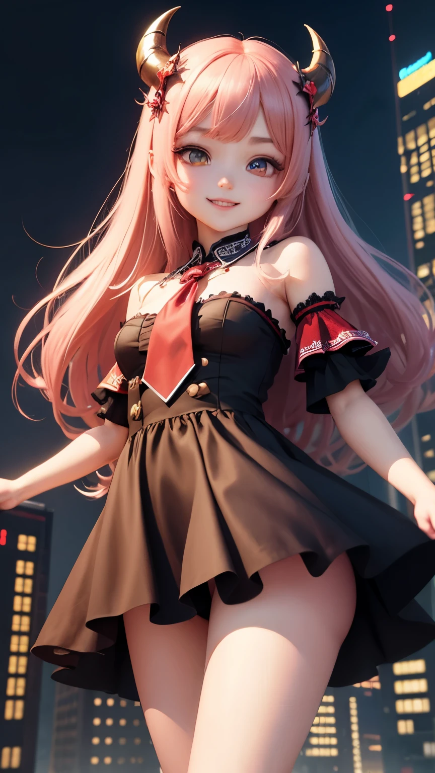 highest quality, masterpiece, 1 girl, smile, chibi girl、3D rendering、Devil Cosplay、night、skyscraper
