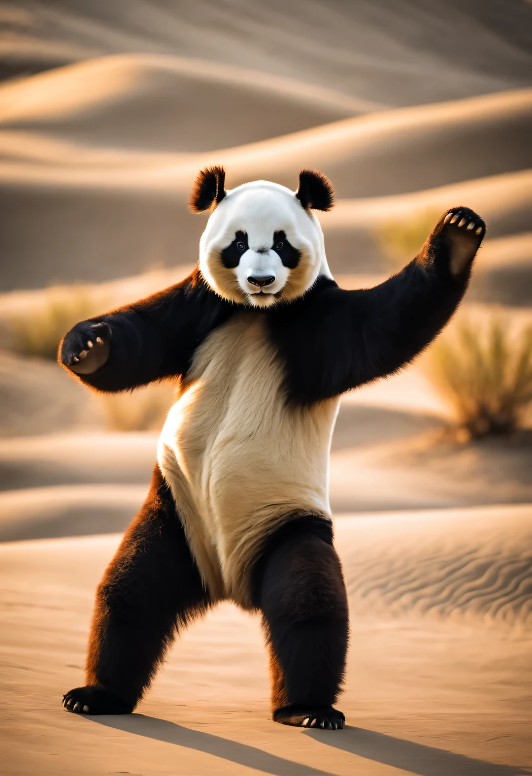 Giant panda puppets practicing Tai Chi in the desert, fore leg arch、Back leg kicks and other movements, create a sense of movement, and horizontal and direct motion,