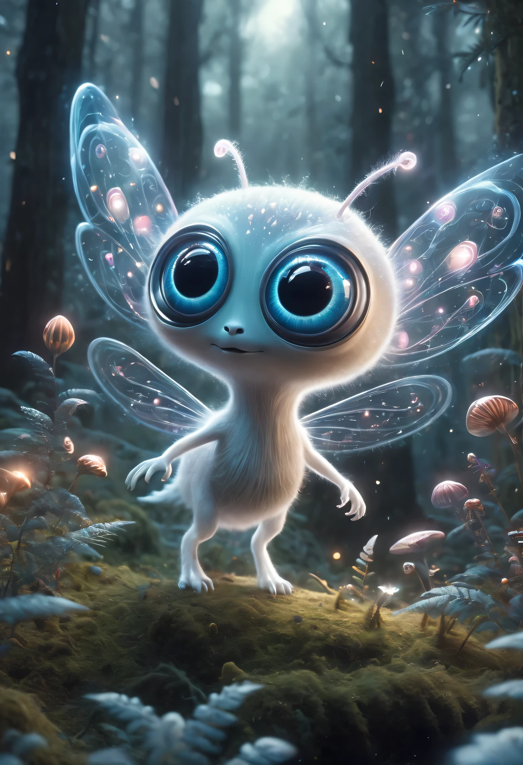 Cute creatures in the alien forest，super strong radio waves，lightwave，Eye，Can fly，magical beings