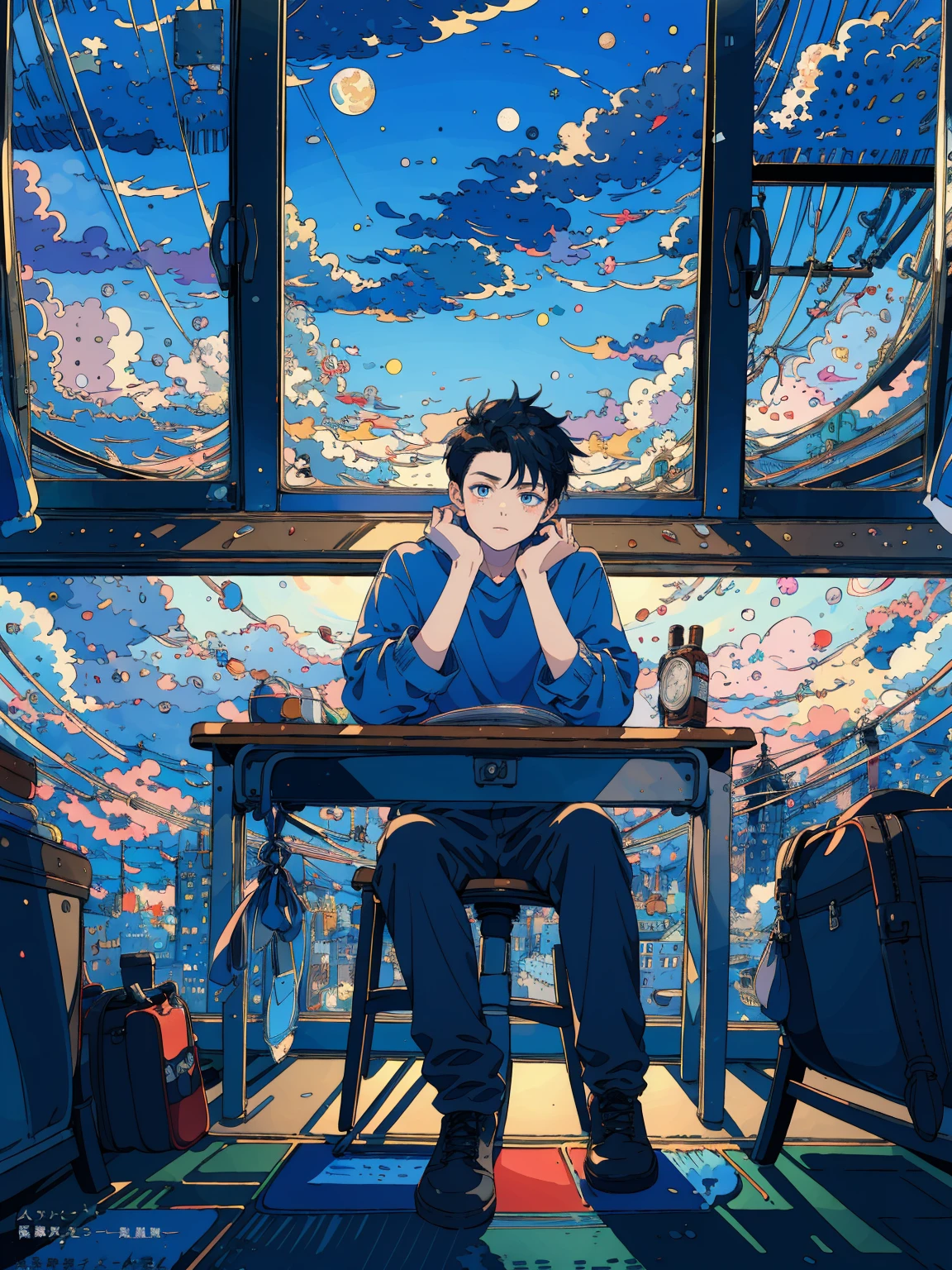 (masterpiece:1.2), best quality,PIXIV,fairy tale style, 18 years old, boy, black hair, blue eyes, indifferent, looking at the nearing dusk from the window, sitting inside of an classroom,


