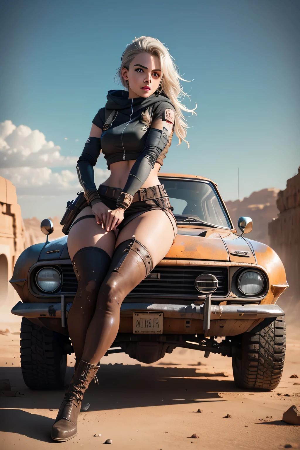 imagem de uma pequena garota linda e nervosa em tamanho pequena, face perfeita, Estilo Madmax, in surfing position on the hood of a futuristic rusty off-road vehicle, Pintura enferrujada e suja, Estilo Madmax, Apocalipse, carroceria enferrujada, long front hood, Vidros transparentes e quebrados, rodas grandes e brilhantes, ultra realista, 8k, in a ruined desert city with canyons, the ruined city stretches across the horizon, as detailed as possible, as realistic as possible, imagem proporcional, Grey overcast sky.