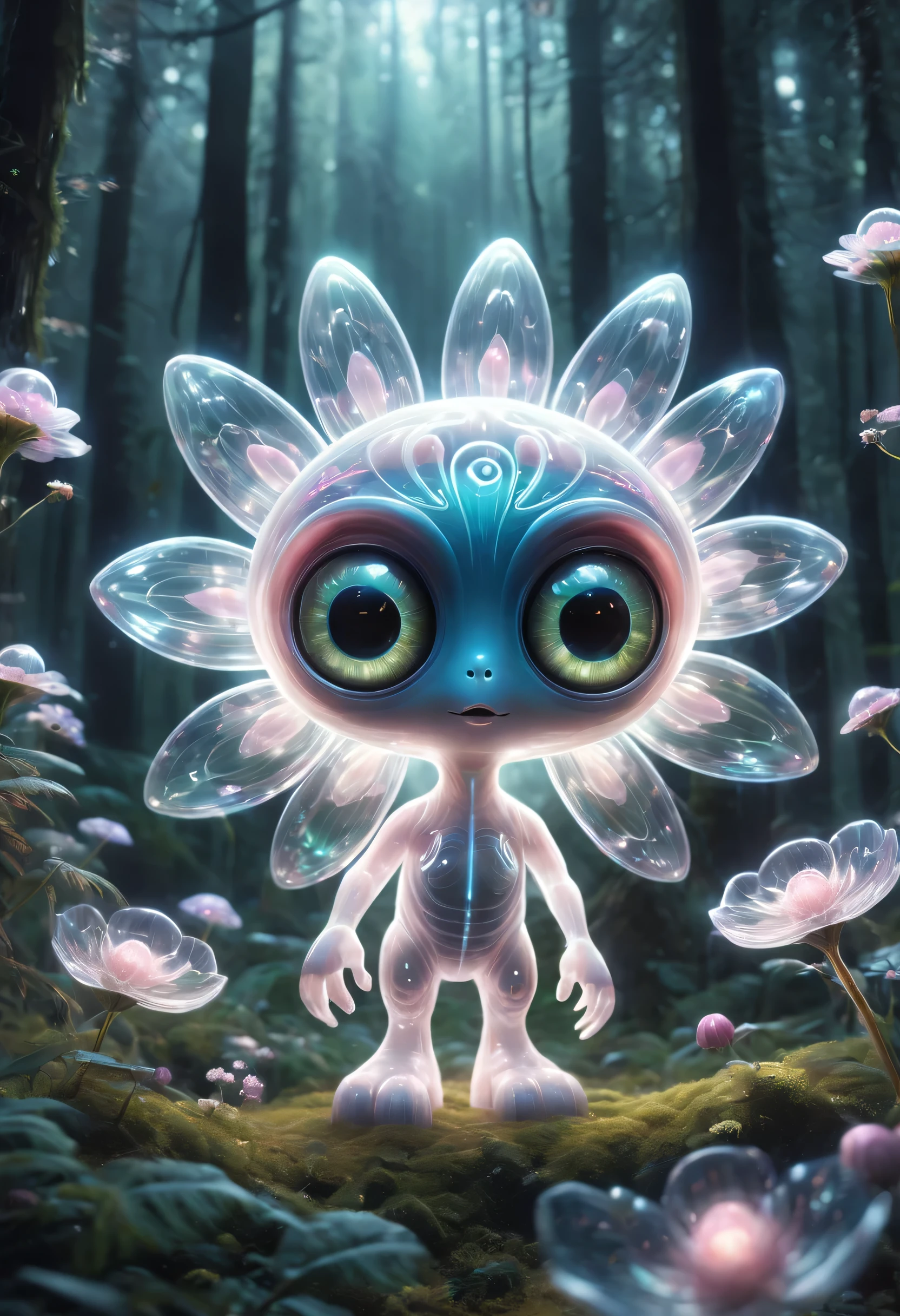 Cute creatures in the alien forest，super strong radio waves，lightwave，glow，transparent，big eyes，Extra large alien flower