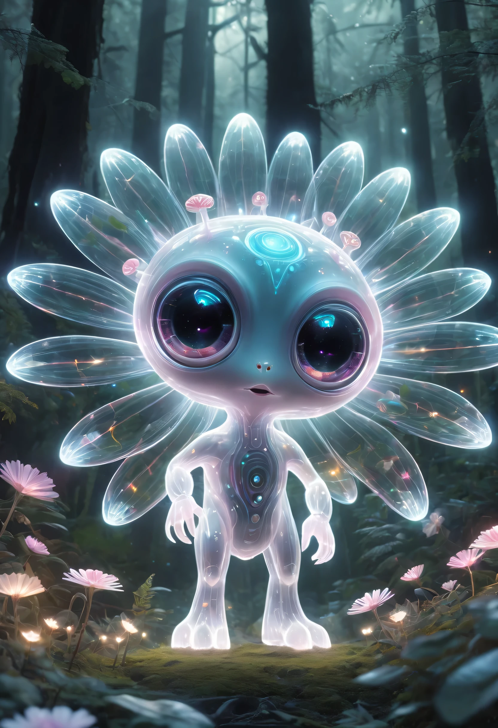 Cute creatures in the alien forest,super strong radio waves,lightwave,glow,transparent,big eyes,Extra large alien flower