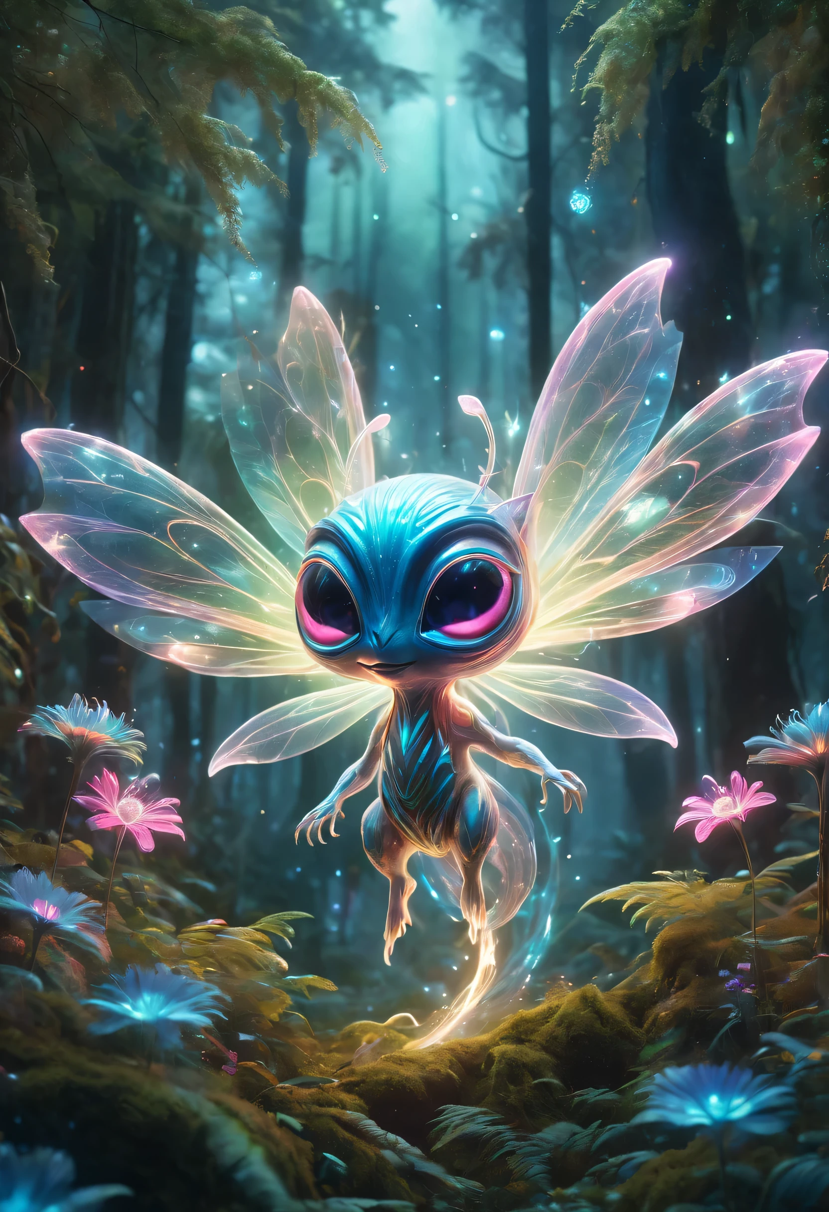 A cute creature with one eye, Flying in an unfamiliar forest, Emit powerful radio and light waves. The creature&#39;s body is covered in bright colors, With charming light. Fantastic creatures interact with the unique flora and fauna of the forest, Creates a captivating and surreal atmosphere. The forest is filled with lush alien plants, Strange and beautiful flowers bloom in every corner. Forest trees have bioluminescent leaves, Exudes a soft and ethereal glow. The air is filled with sparkling particles, Creates a fantastic atmosphere. The creature&#39;s eyes are detailed and mesmerizing, Shining with intelligence and curiosity. as it hovers in the air，its wings flap gracefully, Explore your surroundings. The emergence of magical creatures brings harmony and magic to the exotic forest, Making connections between the natural and supernatural worlds. Capture scenes in the best quality, Ultra-detailed and realistic depictions of magical creatures and alien forests. Bright colors、Energetic, Enhance the otherworldly atmosphere. Lights highlight the creature&#39;s features，and casts a soft glow on its surroundings, Emphasize the magical elements of the scene.