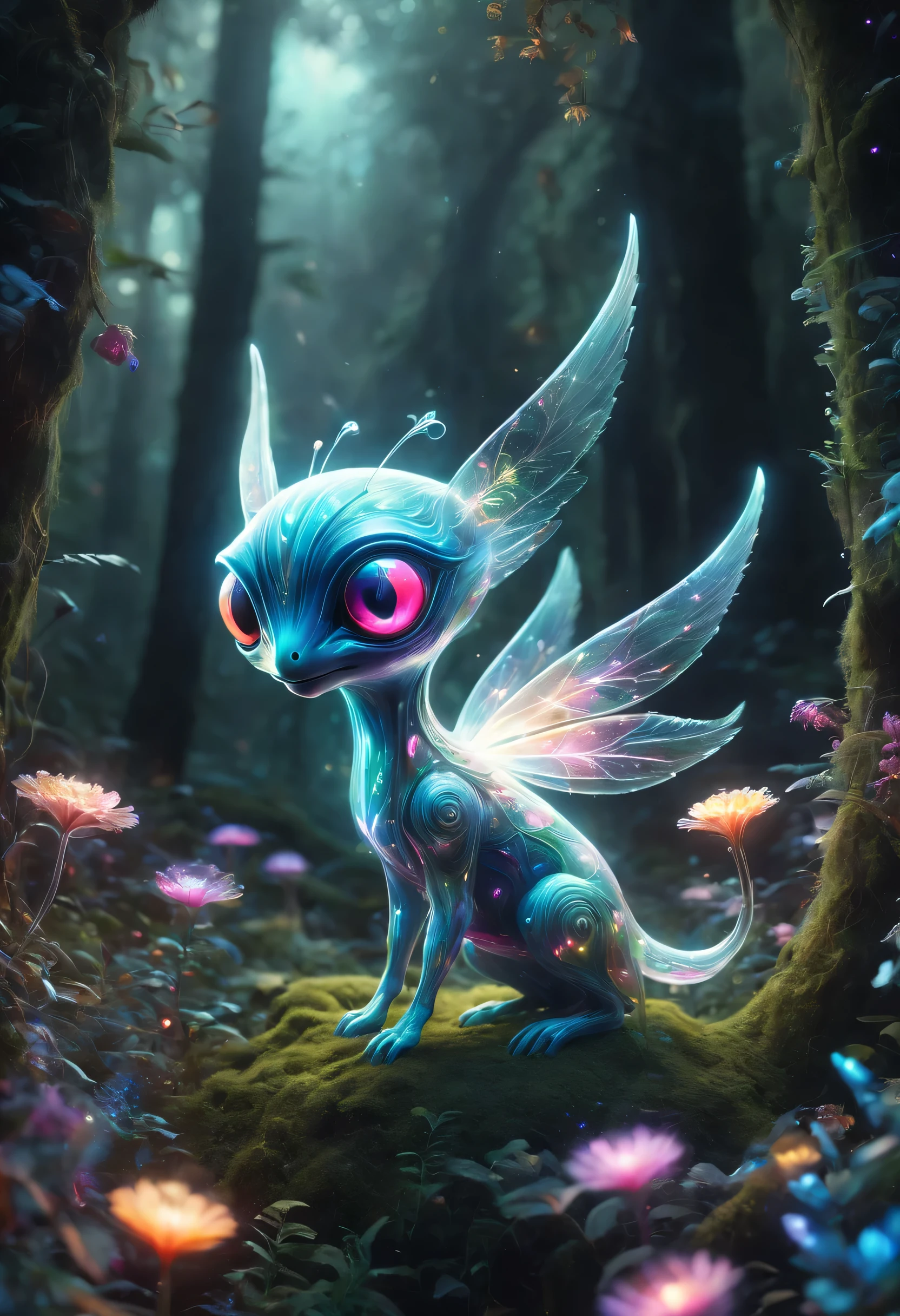 A cute creature with one eye, Flying in an unfamiliar forest, Emit powerful radio and light waves. The creature&#39;s body is covered in bright colors, With charming light. Fantastic creatures interact with the unique flora and fauna of the forest, Creates a captivating and surreal atmosphere. The forest is filled with lush alien plants, Strange and beautiful flowers bloom in every corner. Forest trees have bioluminescent leaves, Exudes a soft and ethereal glow. The air is filled with sparkling particles, Creates a fantastic atmosphere. The creature&#39;s eyes are detailed and mesmerizing, Shining with intelligence and curiosity. as it hovers in the air，its wings flap gracefully, Explore your surroundings. The emergence of magical creatures brings harmony and magic to the exotic forest, Making connections between the natural and supernatural worlds. Capture scenes in the best quality, Ultra-detailed and realistic depictions of magical creatures and alien forests. Bright colors、Energetic, Enhance the otherworldly atmosphere. Lights highlight the creature&#39;s features，and casts a soft glow on its surroundings, Emphasize the magical elements of the scene.