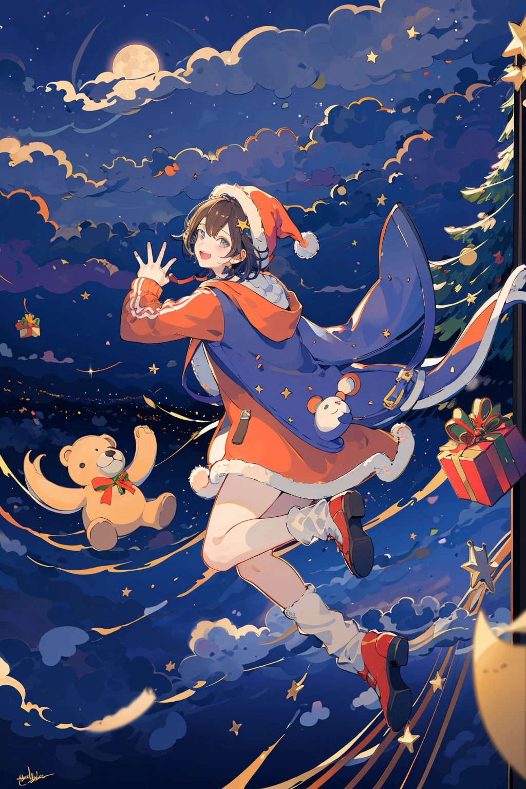 (masterpiece:1.2), best quality,PIXIV, 
fairy tale style, stuffed animal, stuffed toy, teddy bear, 1 man, gift, open mouth, hat, cloud, smile, night, christmas, red headwear, christmas tree, sky, signature, santa hat, hood down, box, gift box, hoodie, short hair, night sky, star \(symbol\), tree, long sleeves, moon, jacket
 