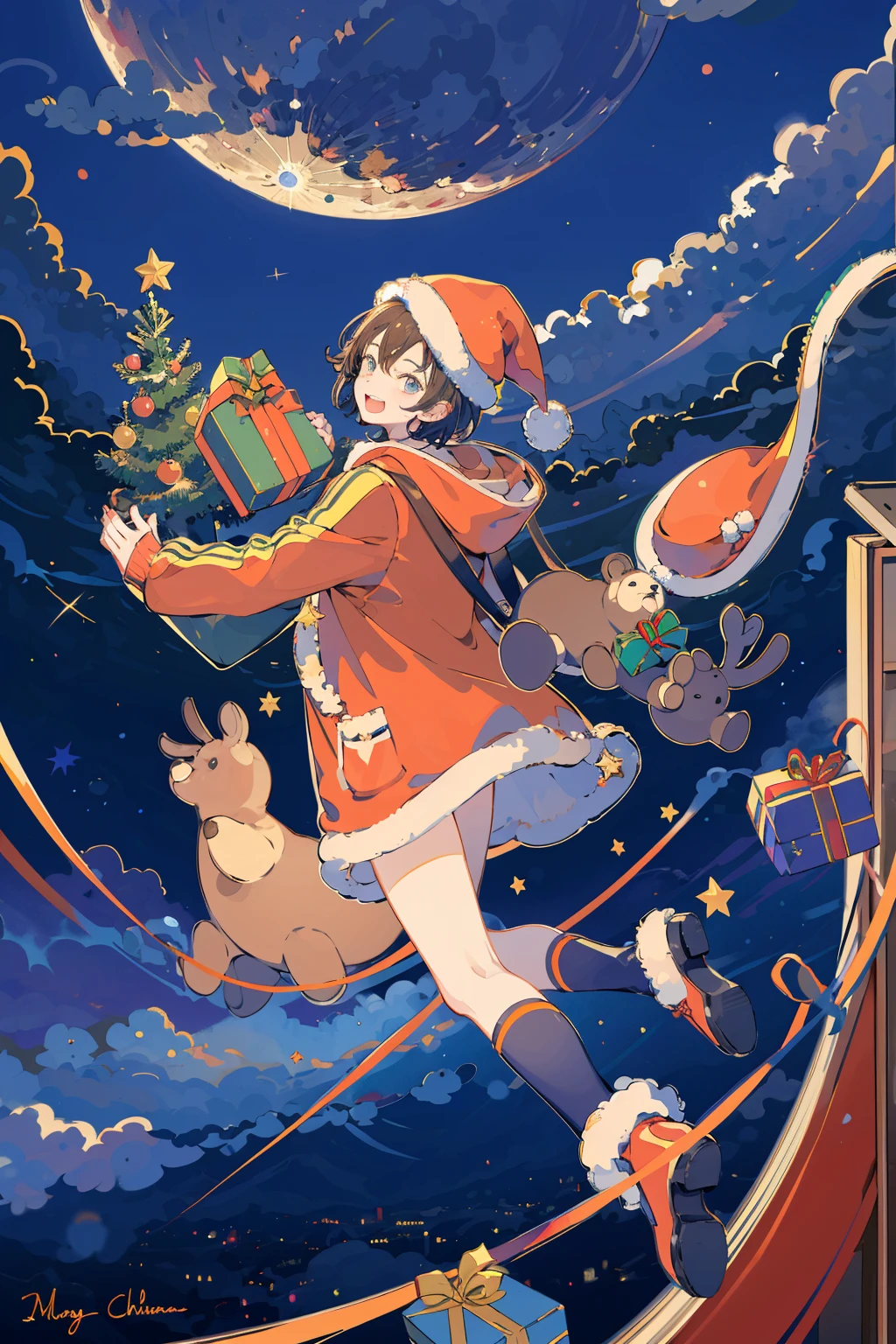 (masterpiece:1.2), best quality,PIXIV, 
fairy tale style, stuffed animal, stuffed toy, teddy bear, 1 man, gift, open mouth, hat, cloud, smile, night, christmas, red headwear, christmas tree, sky, signature, santa hat, hood down, box, gift box, hoodie, short hair, night sky, star \(symbol\), tree, long sleeves, moon, jacket
 