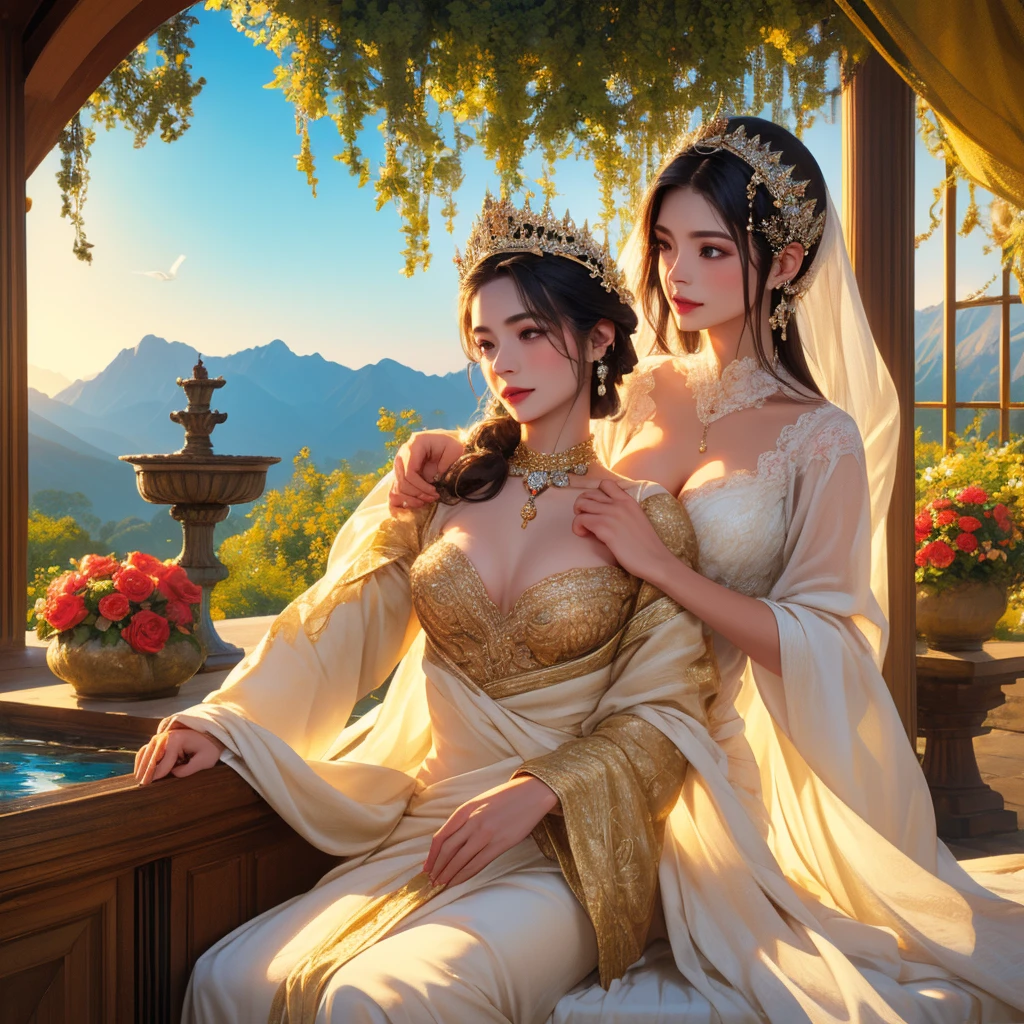 (best quality,4k,8k,highres,masterpiece:1.2),ultra-detailed,(realistic,photorealistic,photo-realistic:1.37),Venus,mythological,beautiful goddess,charming,elegant,graceful,celestial,serene,perfect features,flowing hair,statuesque figure,soft,ethereal,glowing skin,alluring gaze,mesmerizing,romantic surroundings,symbol of love,desire and beauty,radiating love,love's embrace,sparkling eyes,delicate lips,decorative headdress,embellished jewelry,draped in flowing garments,garden of flowers,blooming roses,butterflies,doves,fountain of love,soft sunlight,golden hues,subtle candlelight,sublime beauty,sensual,picturesque,classic painting,elegant colors,divine presence,mythical paradise,whispers of romance,dream-like atmosphere,charming aura,intimate setting.