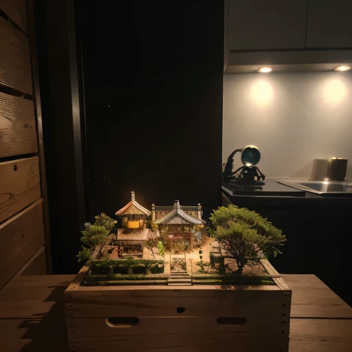 small realistic model, (bifurcation, original photo, best quality, masterpiece:1.4),Steampunk Cyberpunk6916,(Cyberpunk light:1.3),on the desert,horizon (related to land),(in a small nature box:1.3),Isometric, small nature, landscape on foundation,landscape,Distant focus（（Lunar soil background））