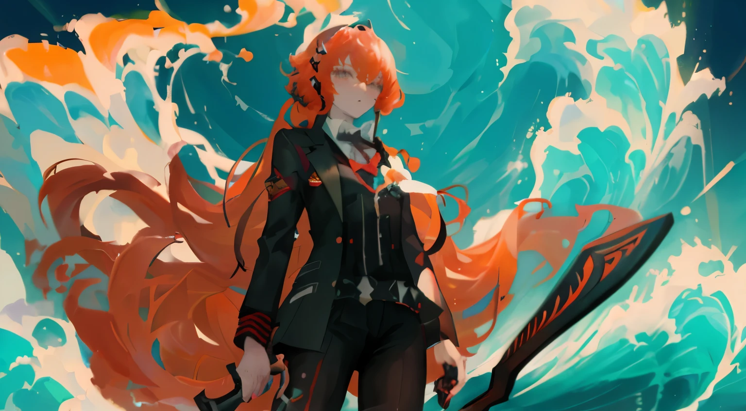 A masterpiece of absurdity,an anime girl,Standing on a whaling boat,Great waves are raging,Lightning,heavily clouded,violent storm,serious expression,Extra long red hair,heavily clouded的夜晚,Take a harpoon, , zero art, girl in suit, Orange hair anime girl, from limbus company , Ishmael , Persona 5 art style wlop, guweiz style artwork, Popular topics on artstation pixiv