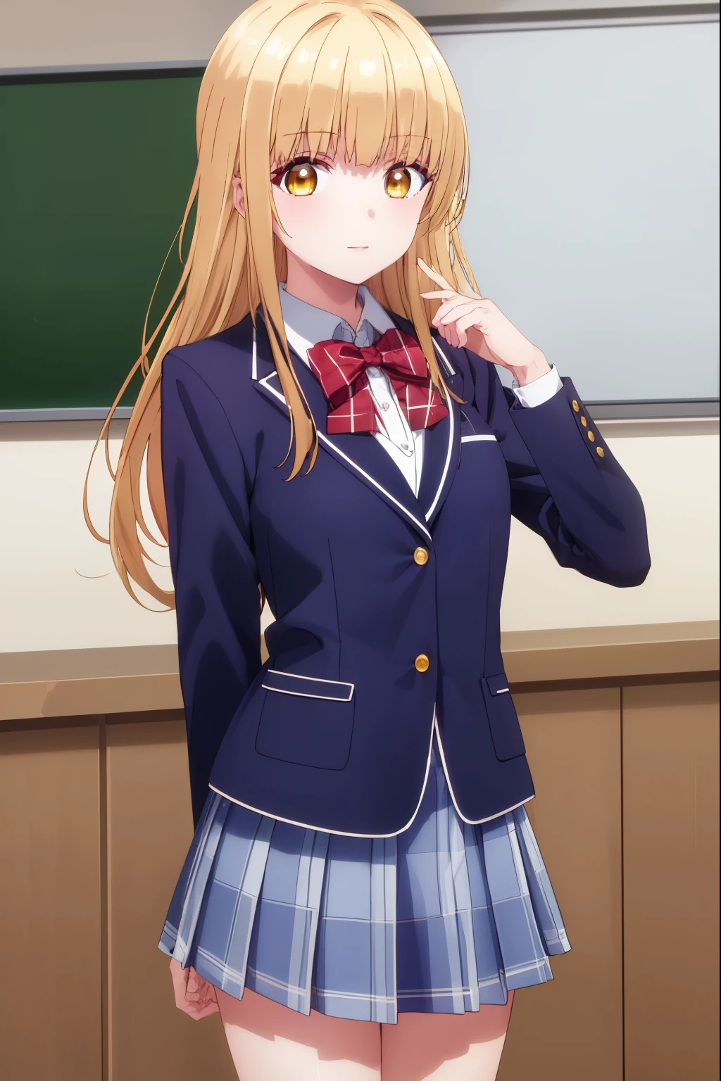 mahirushiina, mahiru shiina, long hair, bangs, blonde hair, brown hair, (yellow eyes:1.3), smile,
BREAK skirt, bow, school uniform, jacket, pleated skirt, plaid, plaid skirt, blazer, cardigan, blue blazer, (red bowtie:1.2),
BREAK indoors, classroom,
BREAK looking at viewer, (cowboy shot:1.5),
BREAK (masterpiece:1.2), best quality, high resolution, unity 8k wallpaper, (illustration:0.8), (beautiful detailed eyes:1.6), extremely detailed face, perfect lighting, extremely detailed CG, (perfect hands, perfect anatomy),