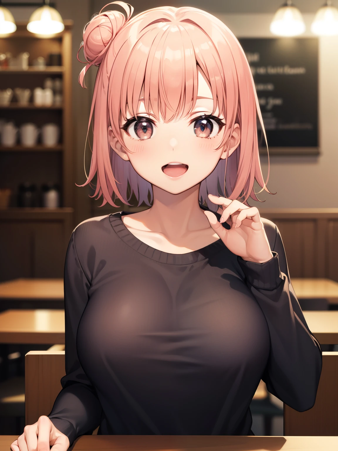 Yuigahama Yui, short hair, brown eyes, Pink hair, single bun hair,
1girl,
looking at viewer,
(masterpiece:1.2), highest quality, High resolution, unity 8k wallpaper, (beautiful and fine eyes), highly detailed face, perfect lighting, Very detailed CG, (perfect anatomy),
blush, smile, open mouth,
big breasts, focus breasts,
upper body,
white ruffle knit sweater, (nipple:0.8),
Cafe Background, blur the background,