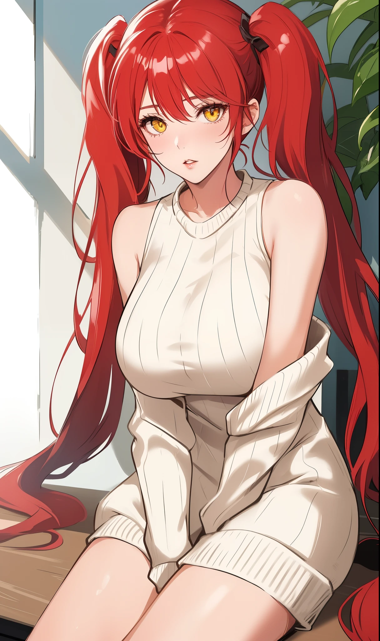 (masterpiece, best quality:1.2), solo, 1girl, parted lips, looking at viewer, long hair, red hair, twintails, yellow eyes, white sweater, sweater dress, sleeveless, bare legs, large breasts