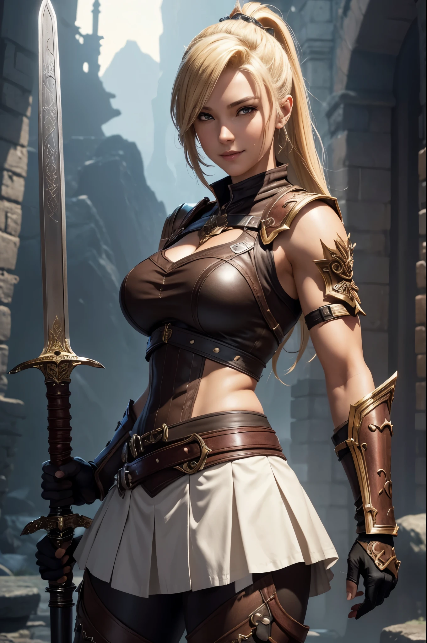 8K,A woman wearing black and brown armor is taking pictures, smooth CG art, Glossy skin, 8K high quality detailed art, Photorealistic anime girl rendering, fan art best art station, character is in her natural pose, Beautiful and attractive receptionist woman, elegant smile pose, smooth digital concept art, highly detailed characters, white and shining skin,fantasy art,adventurer'Guild Counter,character art,Blonde mohawk hair,thin muscular body,red and white ruffle skirt,Thin macho,guild staff,Super high resolution,surreal,crack your abs,Sexy,ample breasts,black and brown combat pants,2have a book sword,