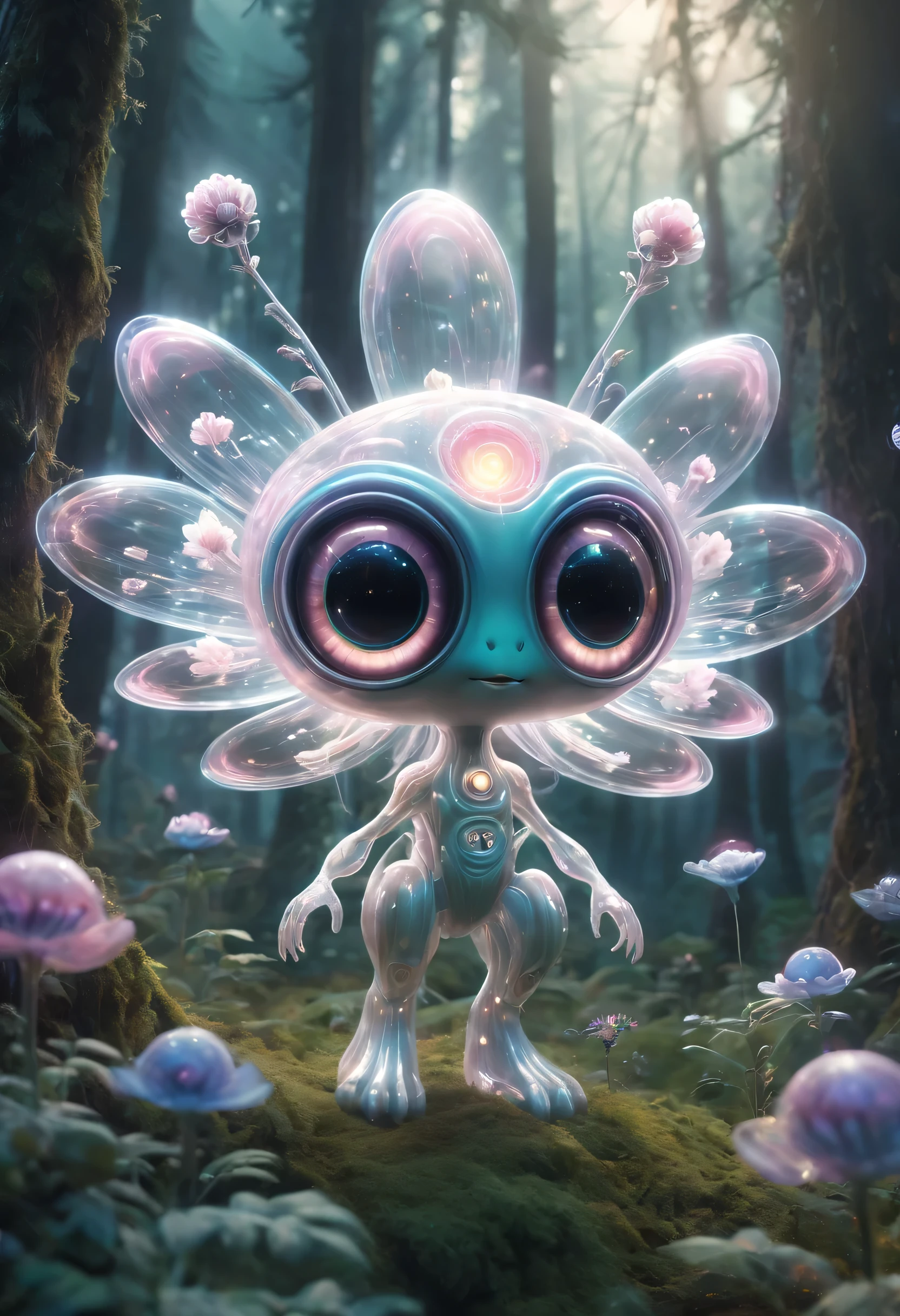 Cute creatures in the alien forest，super strong radio waves，lightwave，glow，transparent，big eyes，Extra large alien flower，suspended in the air