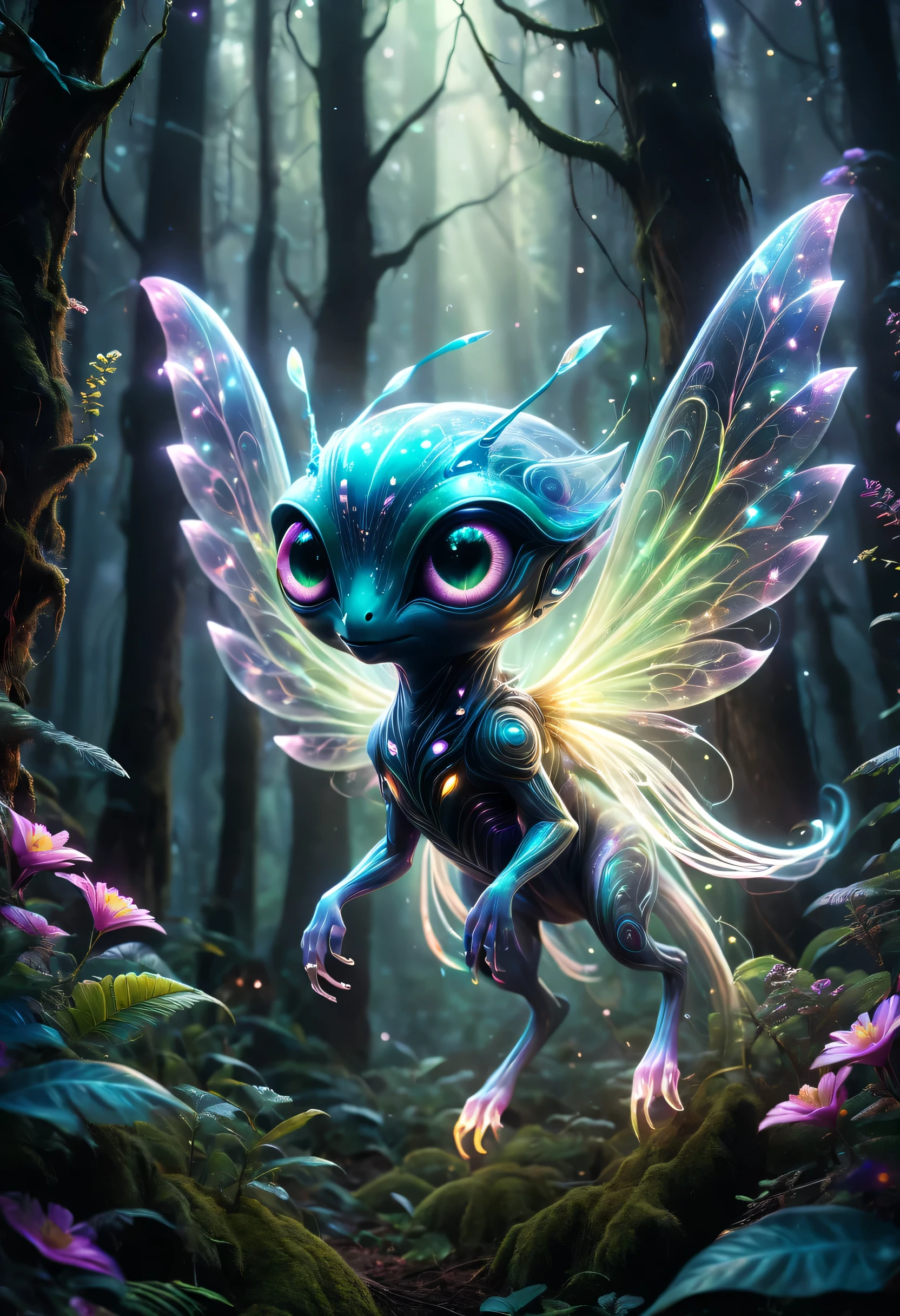 A cute creature with one eye, Flying in an unfamiliar forest, Emit powerful radio and light waves. The creature's body is covered in bright colors, With charming light. Fantastic creatures interact with the unique flora and fauna of the forest, Creates a captivating and surreal atmosphere. The forest is filled with lush alien plants, Strange and beautiful flowers bloom in every corner. Forest trees have bioluminescent leaves, Exudes a soft and ethereal glow. The air is filled with sparkling particles, Creates a fantastic atmosphere. The creature's eyes are detailed and mesmerizing, Shining with intelligence and curiosity. as it hovers in the air,its wings flap gracefully, Explore your surroundings. The emergence of magical creatures brings harmony and magic to the exotic forest, Making connections between the natural and supernatural worlds. Capture scenes in the best quality, Ultra-detailed and realistic depictions of magical creatures and alien forests. Bright colors、Energetic, Enhance the otherworldly atmosphere. Lights highlight the creature's features,and casts a soft glow on its surroundings, Emphasize the magical elements of the scene.