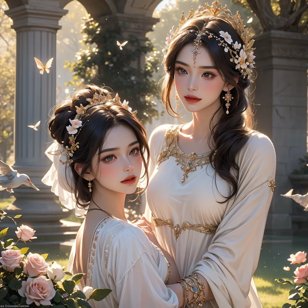 (best quality,4k,8k,highres,masterpiece:1.2),ultra-detailed,(realistic,photorealistic,photo-realistic:1.37),Venus,mythological,beautiful goddess,charming,elegant,graceful,celestial,serene,perfect features,flowing hair,statuesque figure,soft,ethereal,glowing skin,alluring gaze,mesmerizing,romantic surroundings,symbol of love,desire and beauty,radiating love,love's embrace,sparkling eyes,delicate lips,decorative headdress,embellished jewelry,draped in flowing garments,garden of flowers,blooming roses,butterflies,doves,fountain of love,soft sunlight,golden hues,subtle candlelight,sublime beauty,sensual,picturesque,classic painting,elegant colors,divine presence,mythical paradise,whispers of romance,dream-like atmosphere,charming aura,intimate setting.
