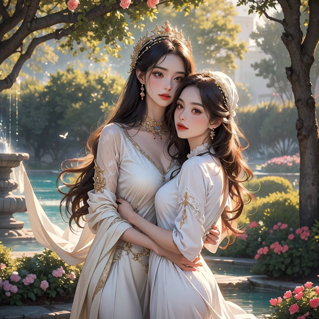 (best quality,4k,8k,highres,masterpiece:1.2),ultra-detailed,(realistic,photorealistic,photo-realistic:1.37),Venus,mythological,beautiful goddess,charming,elegant,graceful,celestial,serene,perfect features,flowing hair,statuesque figure,soft,ethereal,glowing skin,alluring gaze,mesmerizing,romantic surroundings,symbol of love,desire and beauty,radiating love,love's embrace,sparkling eyes,delicate lips,decorative headdress,embellished jewelry,draped in flowing garments,garden of flowers,blooming roses,butterflies,doves,fountain of love,soft sunlight,golden hues,subtle candlelight,sublime beauty,sensual,picturesque,classic painting,elegant colors,divine presence,mythical paradise,whispers of romance,dream-like atmosphere,charming aura,intimate setting.
