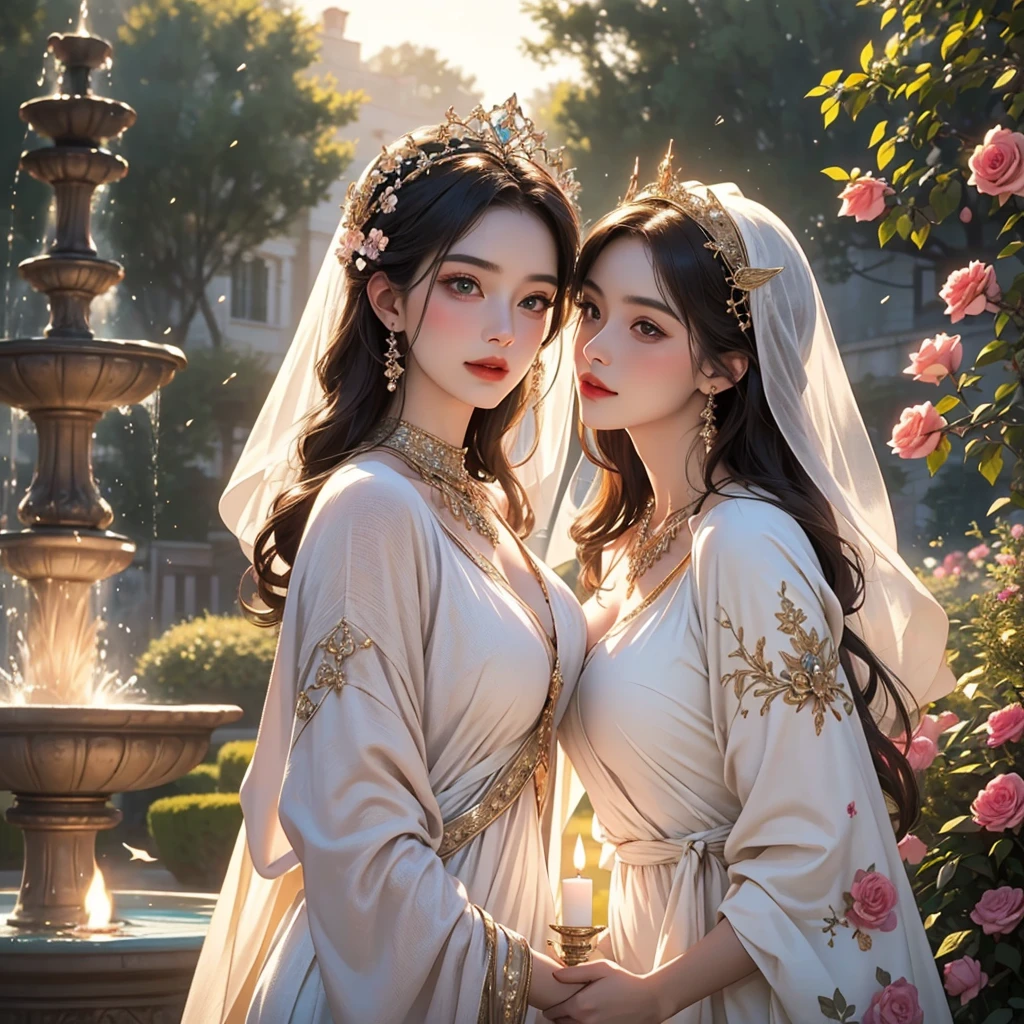 (best quality,4k,8k,highres,masterpiece:1.2),ultra-detailed,(realistic,photorealistic,photo-realistic:1.37),Venus,mythological,beautiful goddess,charming,elegant,graceful,celestial,serene,perfect features,flowing hair,statuesque figure,soft,ethereal,glowing skin,alluring gaze,mesmerizing,romantic surroundings,symbol of love,desire and beauty,radiating love,love's embrace,sparkling eyes,delicate lips,decorative headdress,embellished jewelry,draped in flowing garments,garden of flowers,blooming roses,butterflies,doves,fountain of love,soft sunlight,golden hues,subtle candlelight,sublime beauty,sensual,picturesque,classic painting,elegant colors,divine presence,mythical paradise,whispers of romance,dream-like atmosphere,charming aura,intimate setting.
