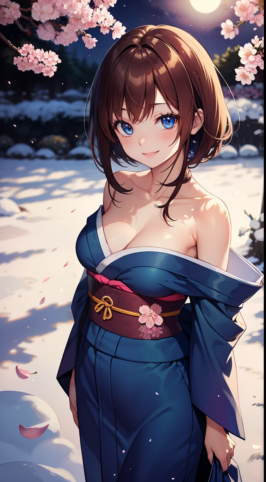 Japanese anime style，(solo) Real light and shadow，Contour light，Shallow depth of field。night time,reddish brown hair,blue eyes,Viewing flowers on the snow,Smiling and looking at the camera, Wearing a low-cut, strapless Japanese kimono,The moonlight shines through her clothes onto her skin，The background is the starry sky and the bright moon surrounded by cherry blossom trees，The petals are scattered in the air and on the ground in the wind，Fireflies flying everywhere，taking photos by Fujifilm high-grain 400 film,full-body shot, wild-angle view