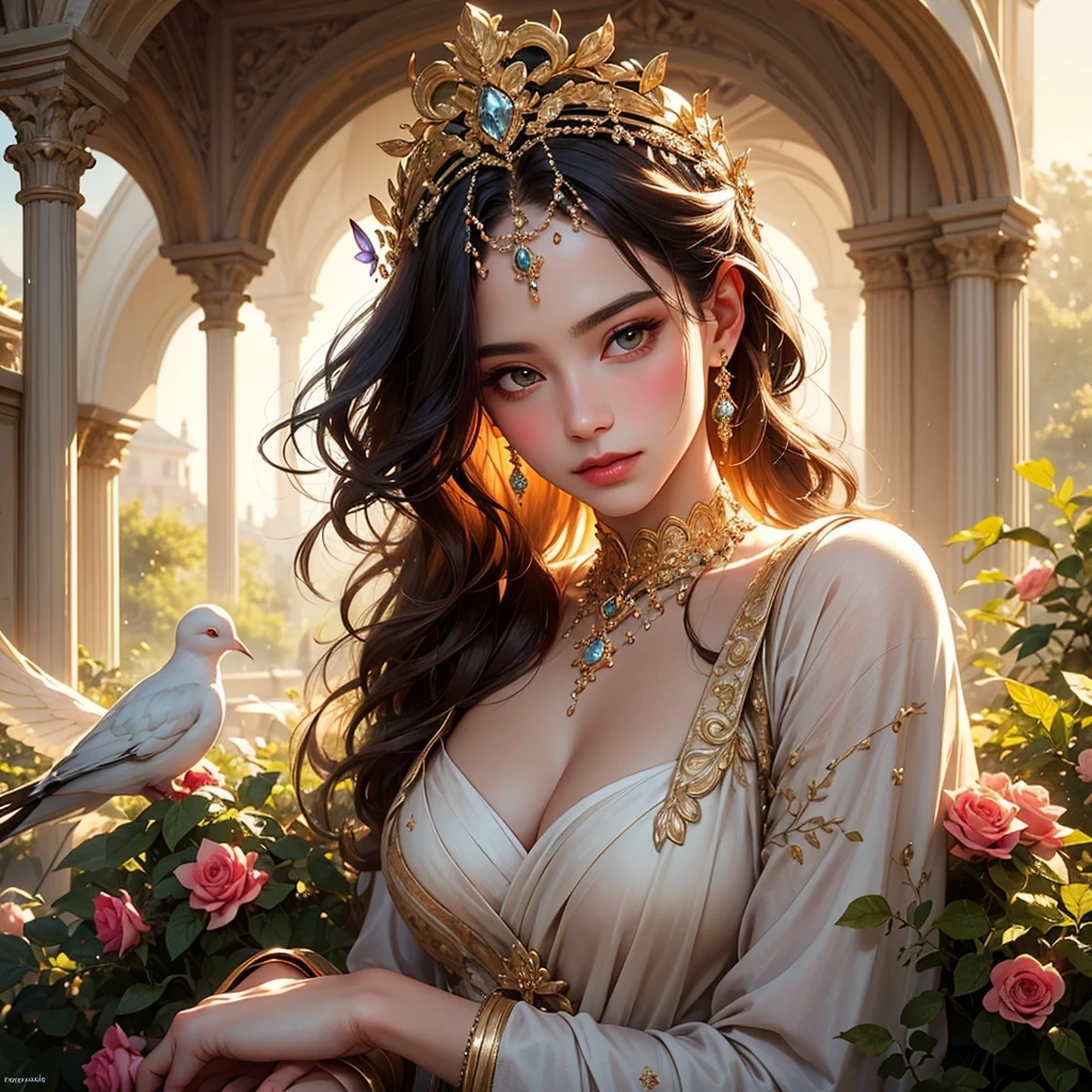 (best quality,4k,8k,highres,masterpiece:1.2),ultra-detailed,(realistic,photorealistic,photo-realistic:1.37),Venus,mythological,beautiful goddess,charming,elegant,graceful,celestial,serene,perfect features,flowing hair,statuesque figure,soft,ethereal,glowing skin,alluring gaze,mesmerizing,romantic surroundings,symbol of love,desire and beauty,radiating love,love's embrace,sparkling eyes,delicate lips,decorative headdress,embellished jewelry,draped in flowing garments,garden of flowers,blooming roses,butterflies,doves,fountain of love,soft sunlight,golden hues,subtle candlelight,sublime beauty,sensual,picturesque,classic painting,elegant colors,divine presence,mythical paradise,whispers of romance,dream-like atmosphere,charming aura,intimate setting.

