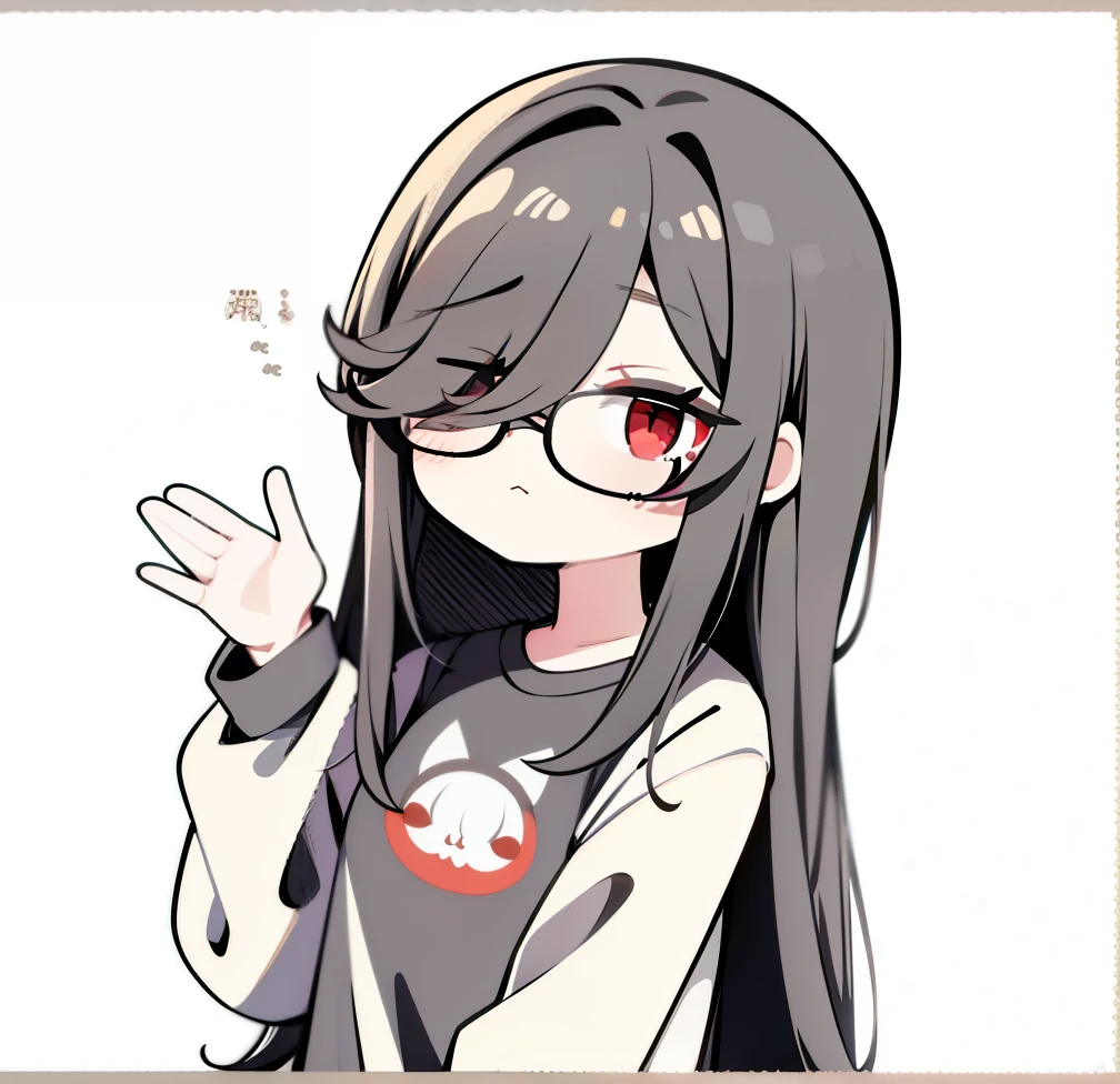 Hair over one eye、black Hair, One Woman, 独奏, (twitch emote:1), Chibi,  red eyes,, a sticker, Thick black outline,Denim dresselack blouse、Denim Long Skirt hutao,Plain white background ,background,I am talking, background, I am talking, wearing glasses, black Hair, with black hair

