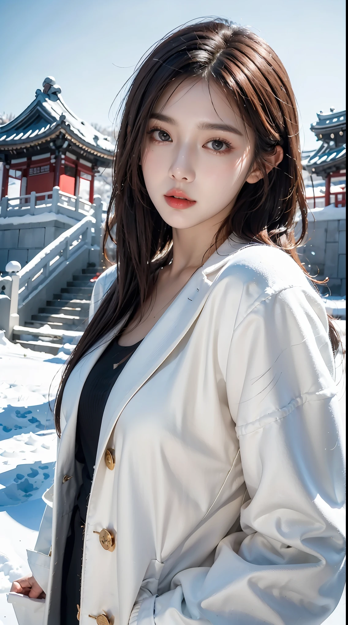 realistic photos of (1 cute Korean star) Shoulder-length hair, thin makeup, medium breasts size, wearing coat, in the snow, clear facial features, 8K high resolution, sharp and realistic details.from outside, Eye-Level Shot, f/4.0, 135mm, Fujifilm, jpeg artifacts, dithering, UHD, masterpiece