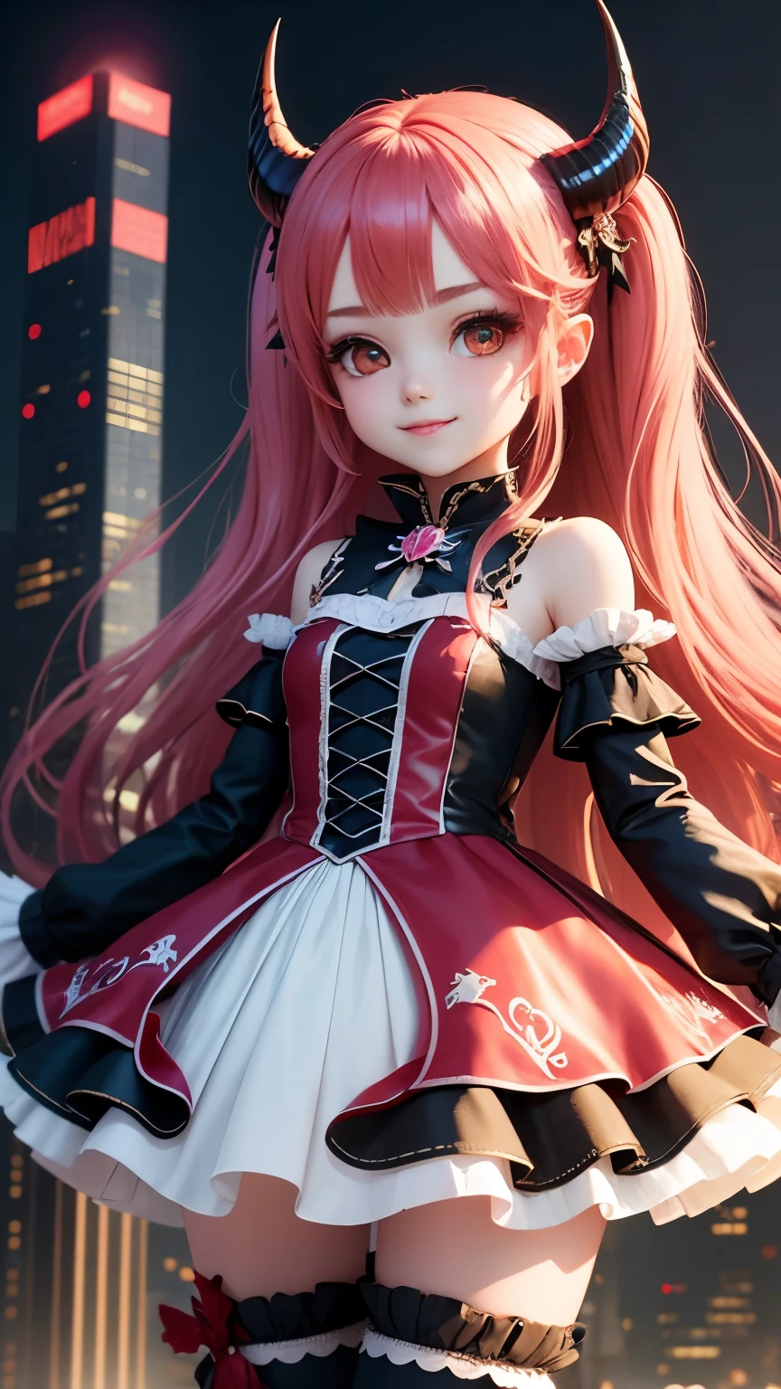 highest quality, masterpiece, 1 girl, smile, chibi girl、3D rendering、Devil Cosplay、night、skyscraper