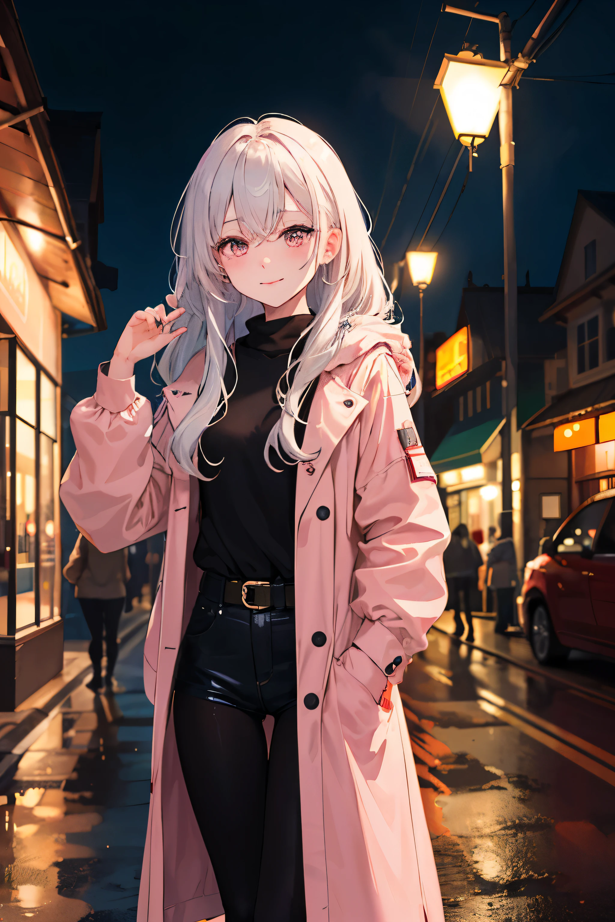 (masterpiece, ultra high resolution, best quality:1.1), (flat color), 1 girl, alone, teenager, cowboy shooting, (depth of field:1.2), (night), (Long coat), urban center, (street lamp:1.1), (Fantastic lighting), looking at the audience, white hair, long hair, [Smile], (close your mouth)，Pale pink eyes