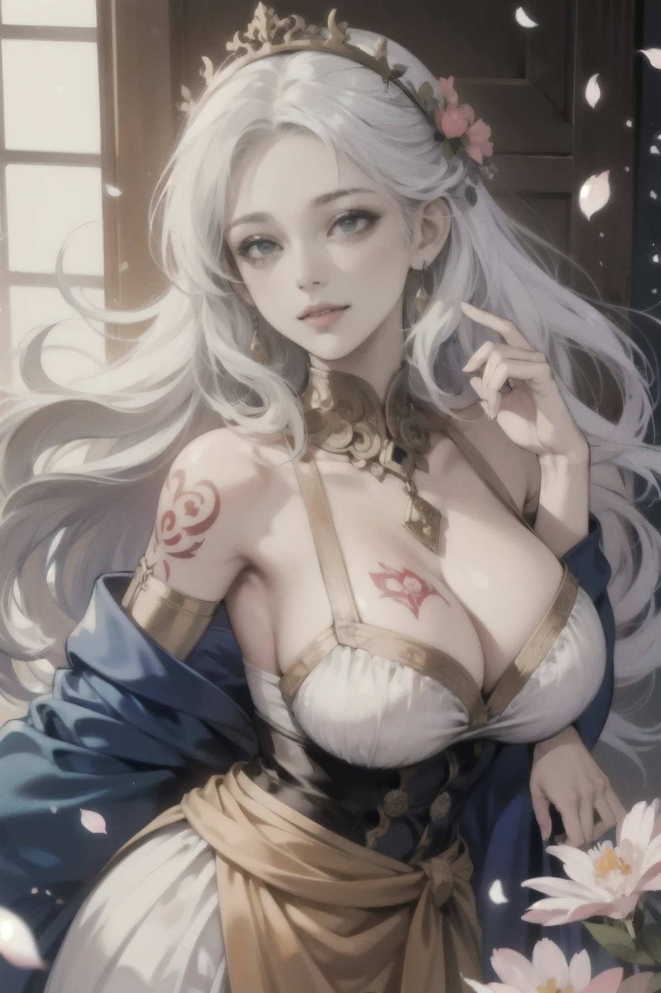 (animeart: 1.2),closeup face, (beautiful: 0.8),l(white hair)),((big breasts)),((tattoo flowers)),goddness,golden greek costume aries,coy smile