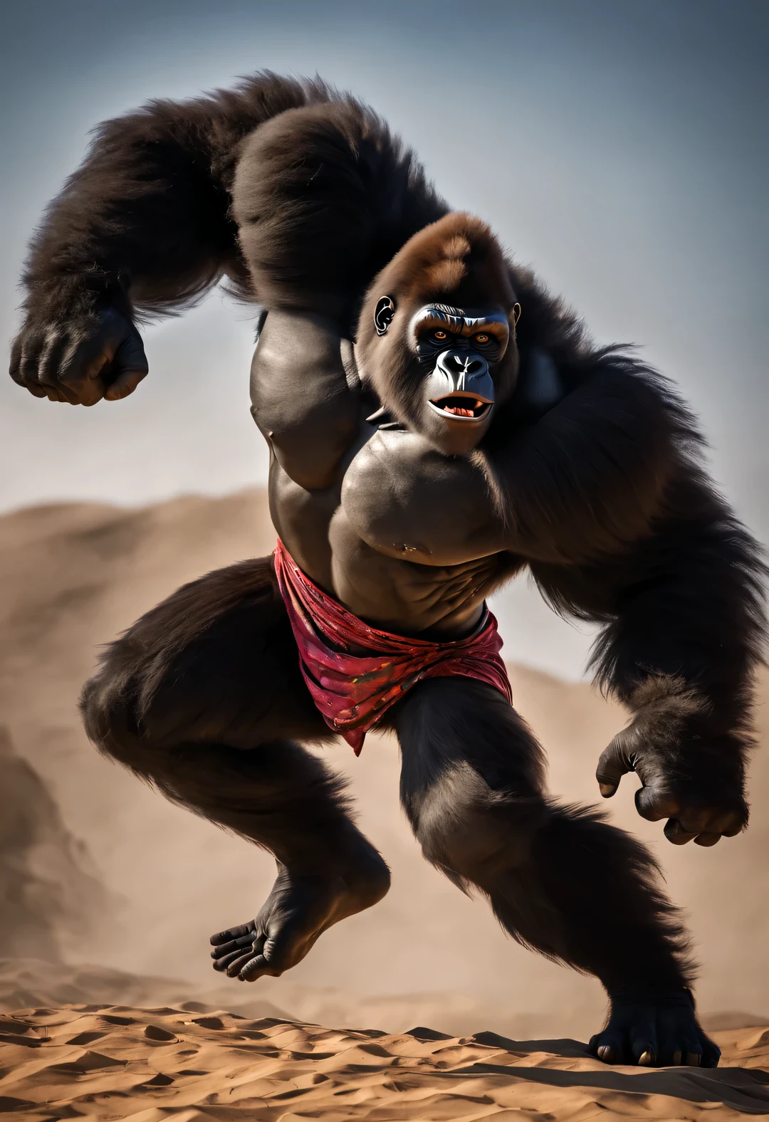 Gorilla puppet lifts barbell in desert, With the action of raising hands, dynamic action, and violent movements,