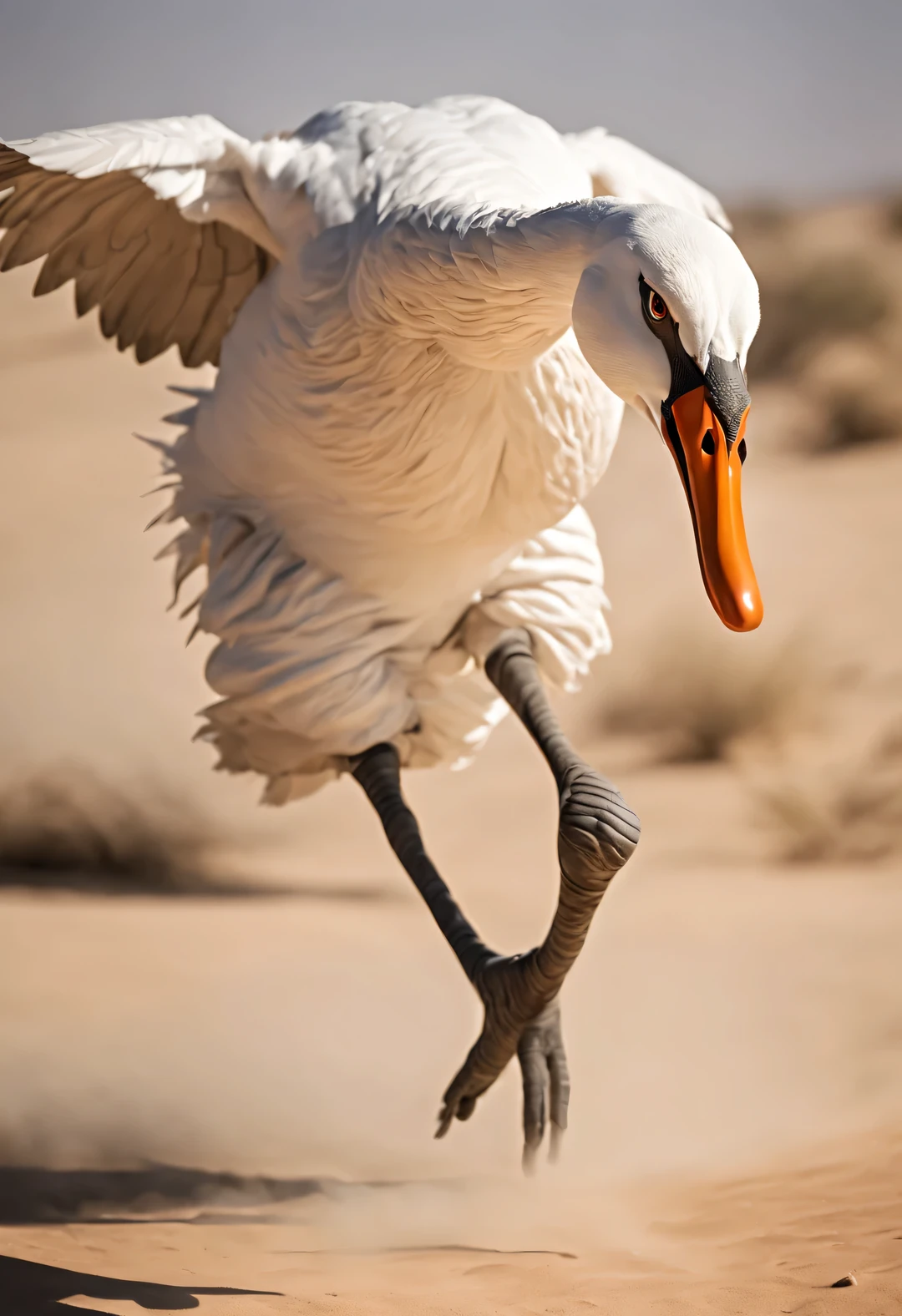 The goose puppet practices walking in the desert, action with walking, dynamic action, and rampage,