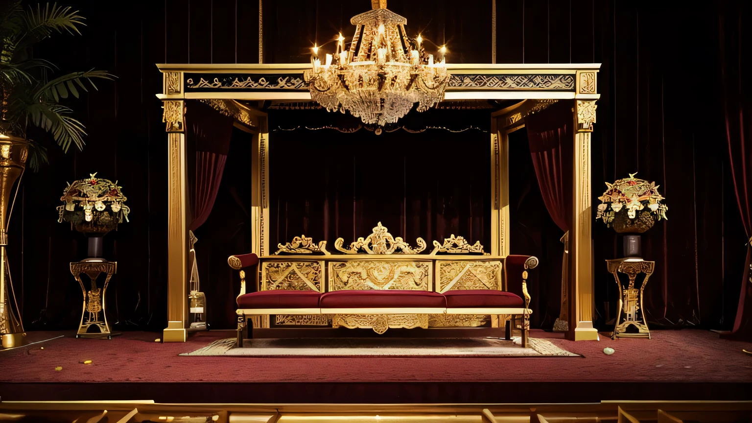 Bring to life the opulent banquet hall of King Xerxes' palace, with ornate decorations, sumptuous feasts, and the king and his courtiers celebrating in grandeur.