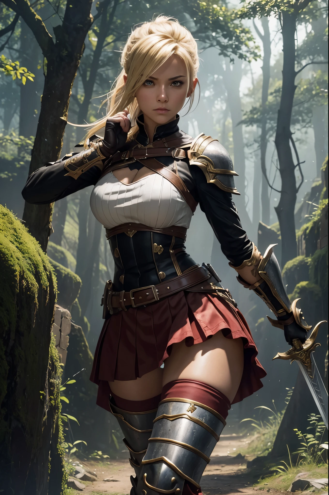 8K,A woman wearing angry black and brown armor is photographing, smooth CG art, Glossy skin, 8K high quality detailed art, Photorealistic anime girl rendering, fan art best art station, It&#39;s a fighting pose, Beautiful and attractive receptionist woman, Forms of anger, smooth digital concept art, highly detailed characters, white and shining skin,fantasy art,adventurer&#39;Guild Counter,character art,Blonde mohawk hair,thin muscular body,red and white ruffle skirt,Thin macho,guild staff,Super high resolution,surreal,crack your abs,Sexy,ample breasts,black and brown combat pants,２hold a book sword in both hands,sharp gaze,battle scene,battle scene,action scene,action pose,In front of the ruins in the forest,