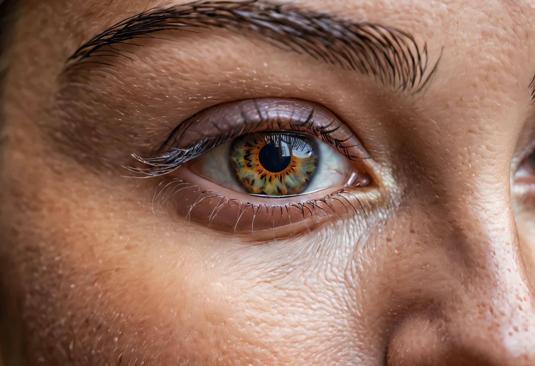 Close-up photo of eyes, perfect iris texture, perfect skin texture, Natural shine, (the photographer's reflection is visible:1,7), Canon EOS 5D Mark IV Body EF 24-105mm f/4L IS II USM