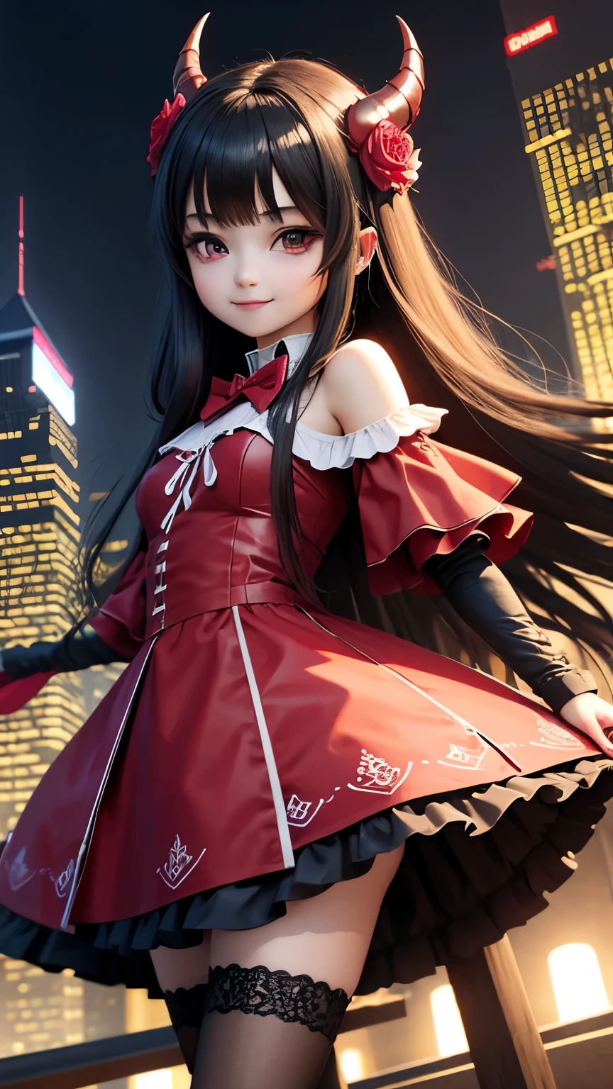 highest quality, masterpiece, 1 girl, smile, chibi girl、3D rendering、Devil Cosplay、night、skyscraper