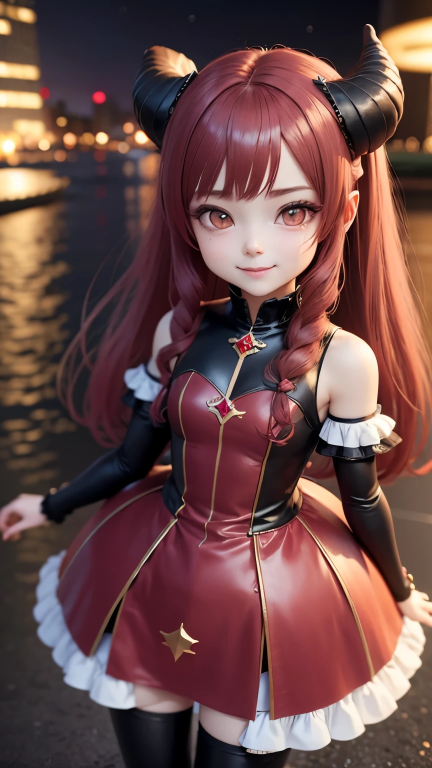 highest quality, masterpiece,  1 girl, smile, chibi girl、3D rendering、Devil Cosplay、night、skyscraper