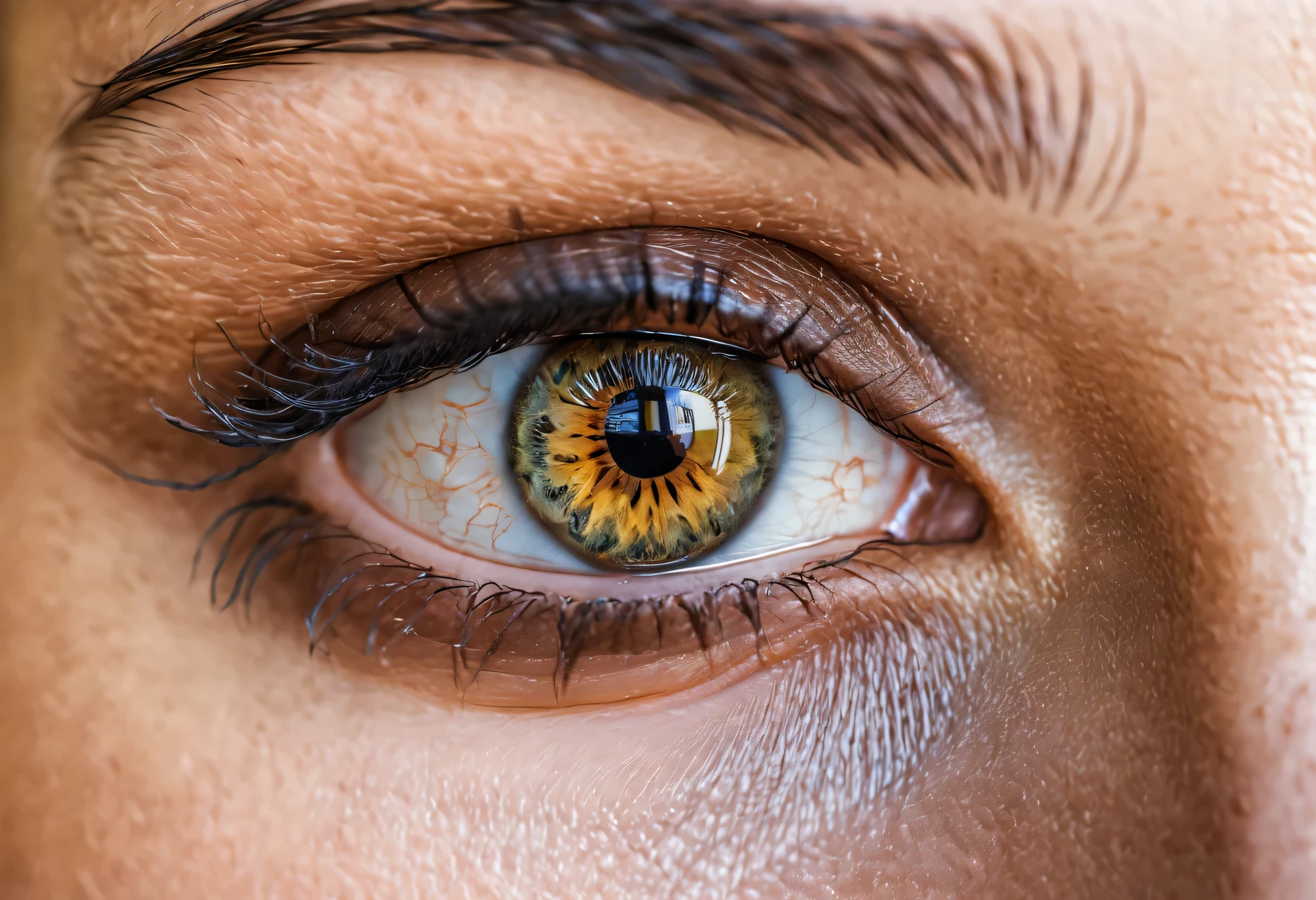 Close-up photo of eyes, perfect iris texture, perfect skin texture, Natural shine, (the photographer's reflection is visible:1,7), Canon EOS 5D Mark IV Body EF 24-105mm f/4L IS II USM