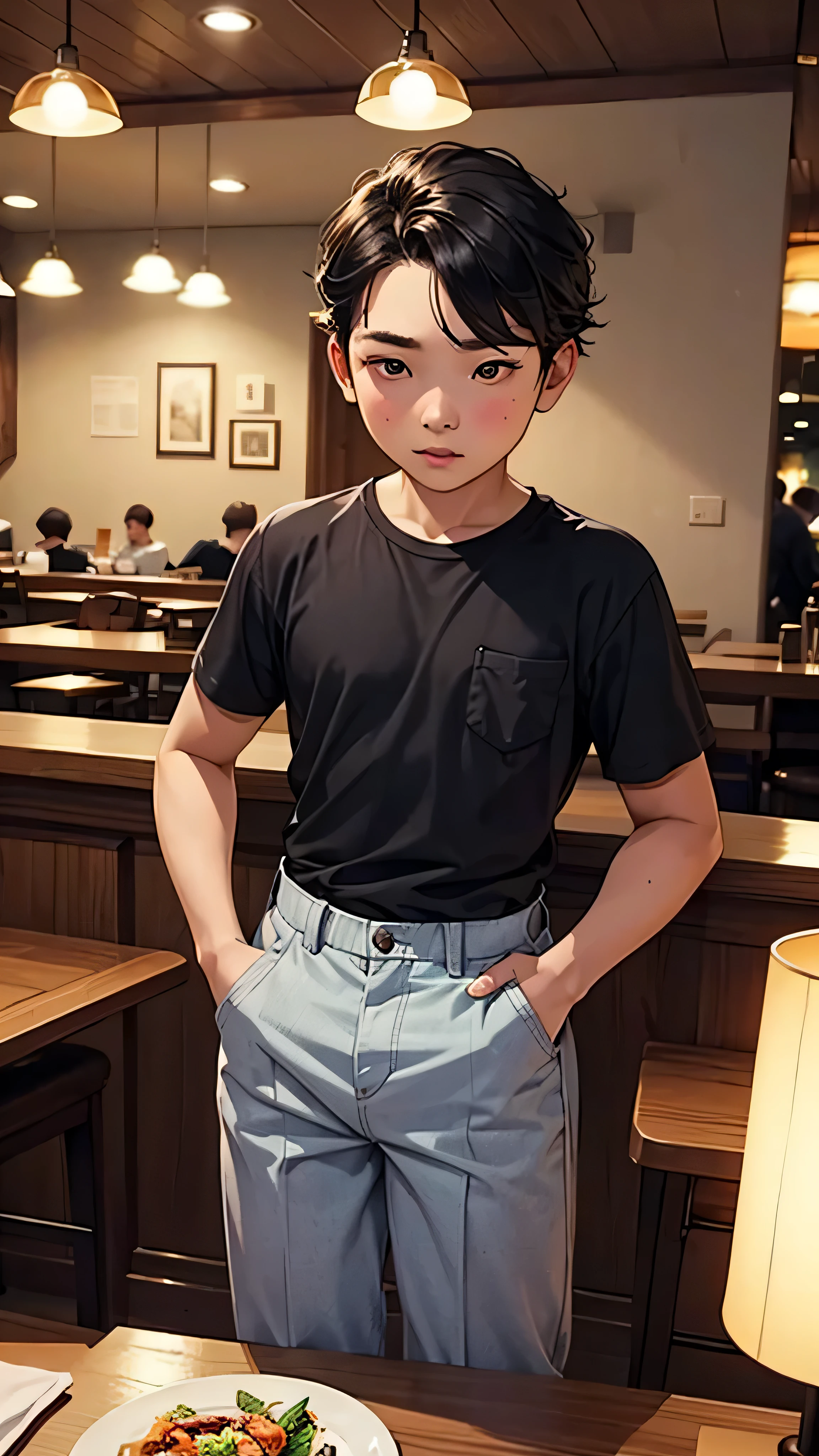 A 10 year old boy checking his pocket in the restaurant 